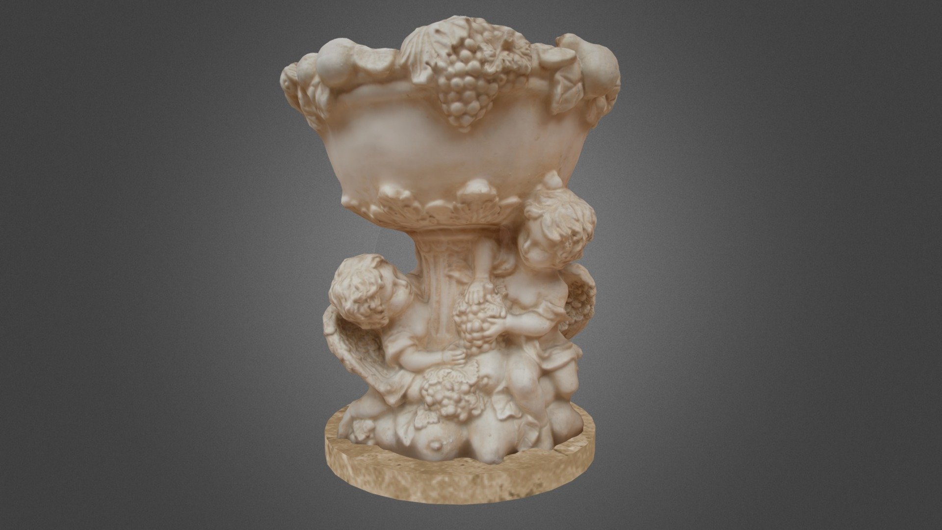 This 3D scan depicts an old vase with two cherubs playing in a garden of abundance 3d model
