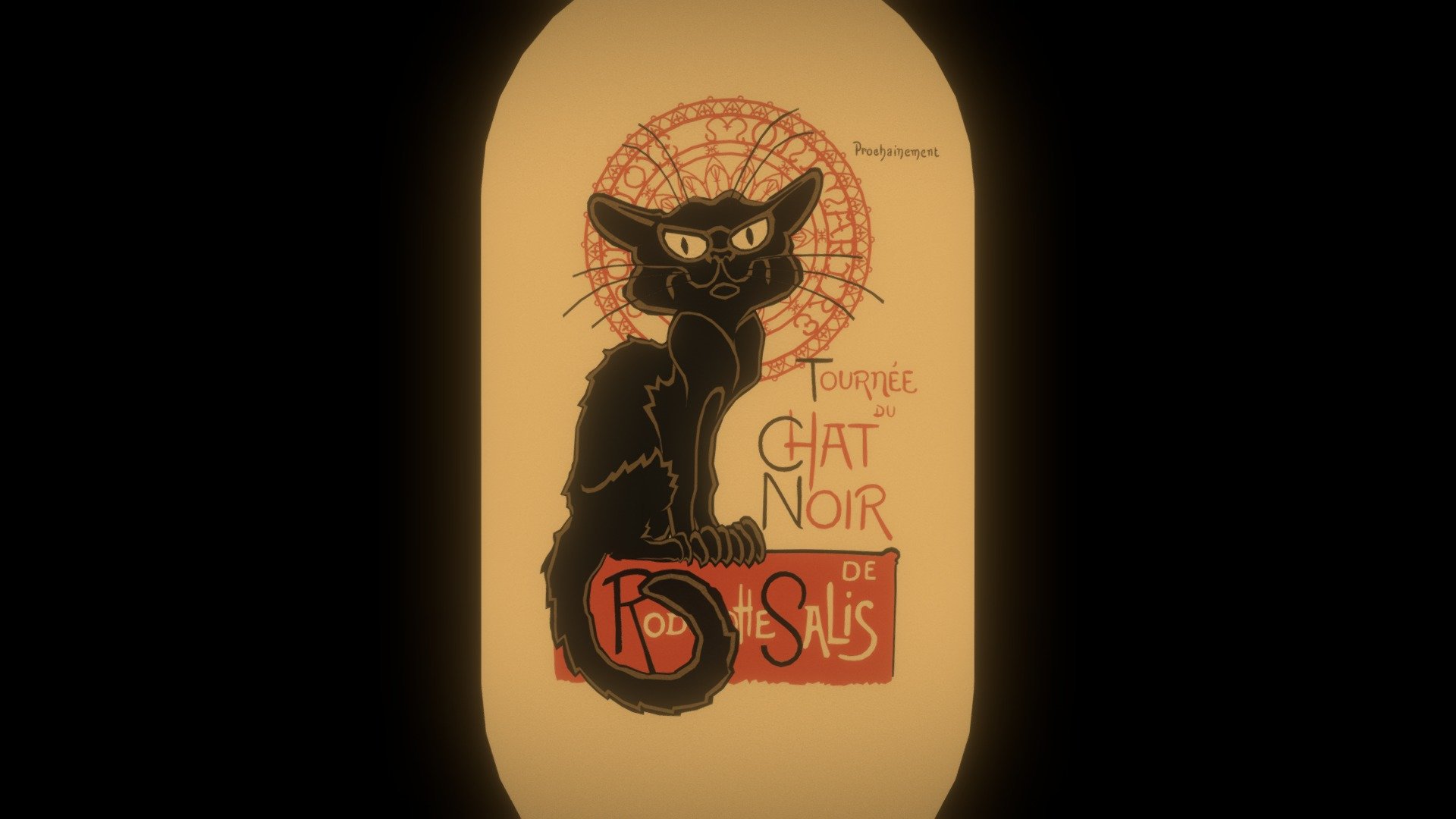 This is a tribute to French Art Nouveau painter Théophile Steinlen (1859-1923) and his iconic Le Chat Noir poster (1896), advertising a coming soon tour of the Le Chat Noir's troupe of cabaret entertainers.
The depth of 2.5D model is created by layered of flat polygonal shapes, inspired by layered paper sculpture.
The chibi (big headed) version has a simple looping animation to have it lively looking around with a swinging tail.
Here's the original tribute: https://sketchfab.com/models/21d3df0bf4b345fc8e9dd47b68077b63
(Source image linked from Wikipedia)
 - Le Chat Noir Chibi 2.5D - 3D model by hinxlinx 3d model
