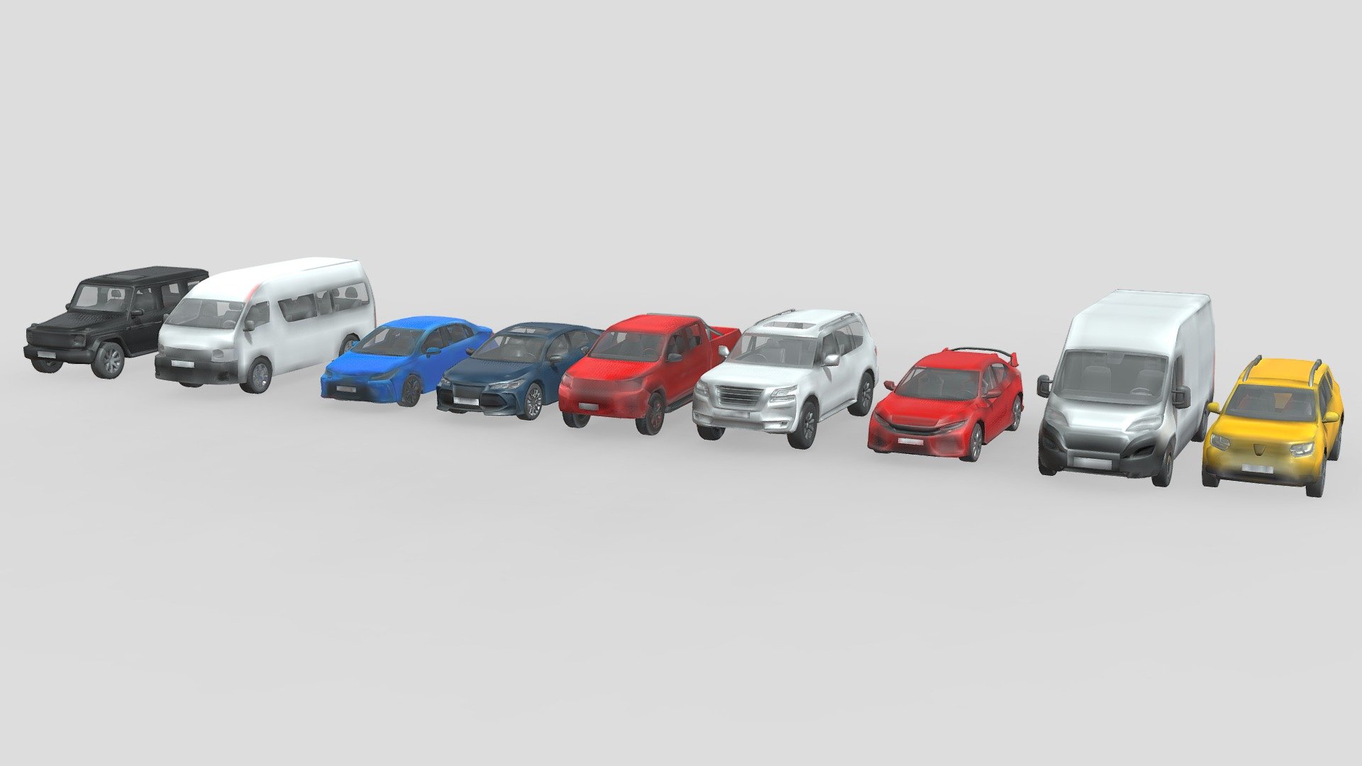 This models pack contain 9 different cars, with nice and clean geometry.

Features :
- Low poly cars, each cars only have about 7k polygons.
- It's included PSD file, so you can easily change the color (Using Photoshop).
- Nice detail, thanks to the baked-textures in 4K size.

Cars included in this pack:
-  Dacia Duster 2018
-  Fiat Ducato Van 2014
-  Honda Civic Type R 2018
-  Mercedes G Class
-  Nissan Patrol 2020
-  Toyota Avalon 2018
-  Toyota Corolla Sedan 2019
-  Toyota Hiace Van
-  Toyota Hillux Double Cab 2016

Buying this collection, you will save a large amount of money! - Low Poly Cars Collection 001 - Basic - Buy Royalty Free 3D model by ROH3D 3d model