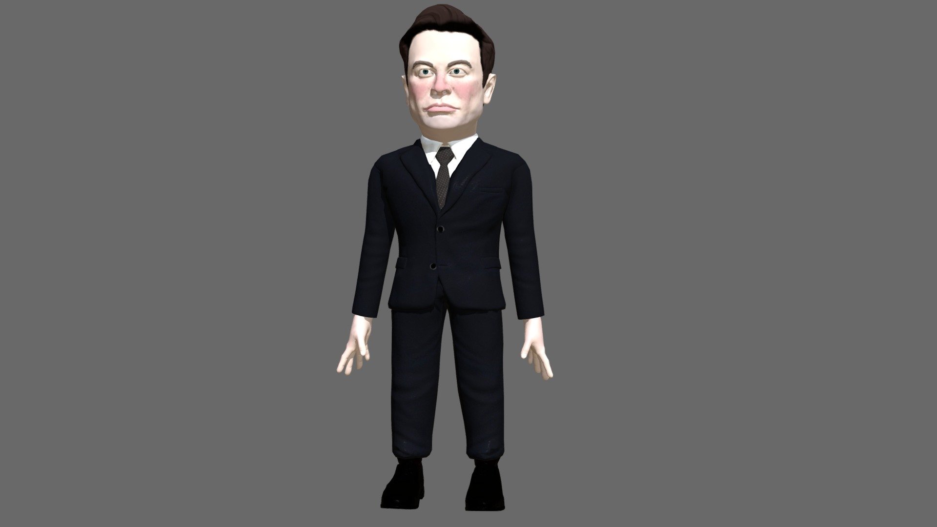 Low poly, game ready rigged, animated 3D caricature of Elon Musk.

textures are 4K. Color map, normal map and spec map are included.

Character have 7833 polygons, or 15143 triangles.

Indluced are 2 custom animations as in video.

Rig is made for humanoid mecanim system in Unity game engine.

Simple facial controls are rigged in Maya. No blendshapes are included.

T-posed FBX file and Maya file with rig is included under additional files. 

Browse my store to see more of my caricature works 3d model