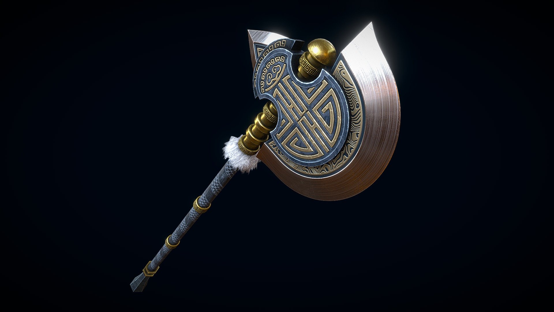 Low-poly 3D model of the Chinese Great Axe, the model separated into two textures 2K sets for axe and tassel 3d model
