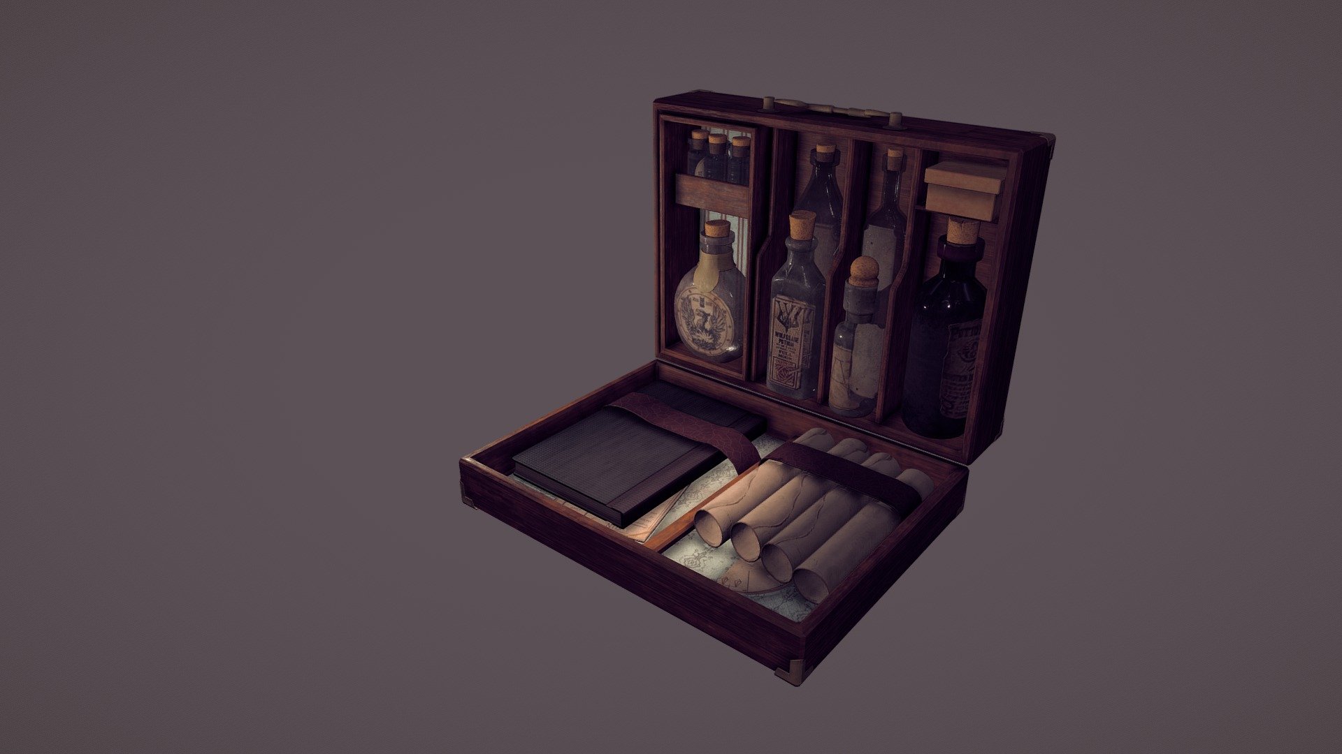 Current WIP or an Alchemy Box.  With 7 unique potion bottles; equipt with a book and scrolls.  A box fit for a medieval or fantasy game 3d model