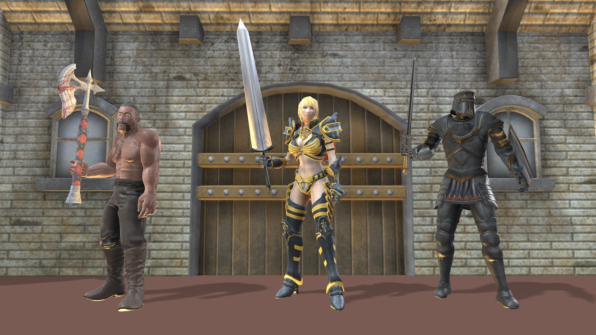 An Animated loop of 3 Super Heroes with their Blades Guarding a Castle with a battle axe, a broad sword and a knight in a suit of armor with sword and shield 3d model