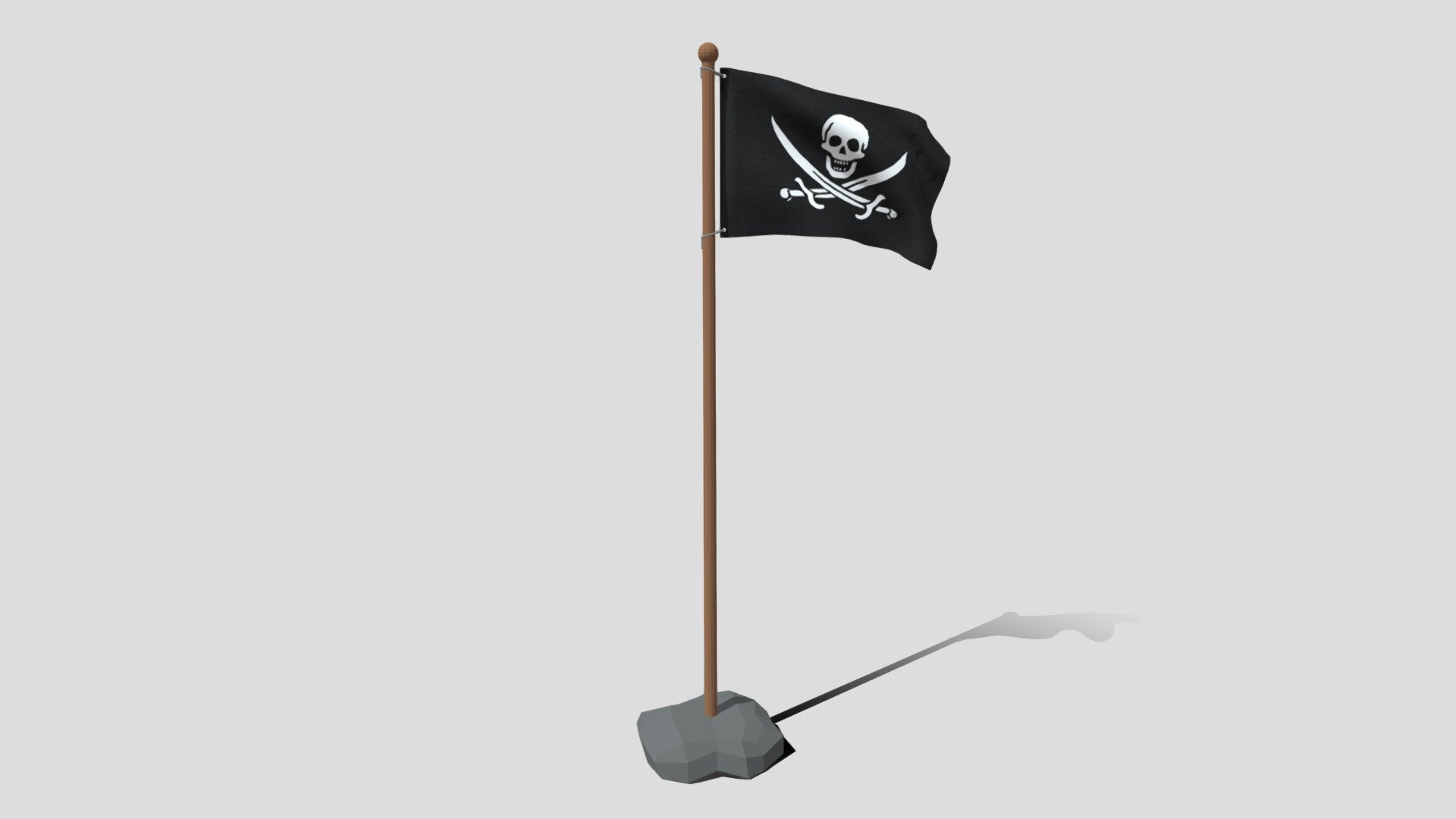 This is a low poly 3D model of an animated pirate flag. The low poly flag was modeled and prepared for low-poly style renderings, background, general CG visualization presented as 2 meshes with quads only.

Verts : 1.315 Faces : 1.247.

1024x1024 textures included. Diffuse, roughness and normal maps available only for flag. The pole have simple materials with colors.

The animation is based on shapekeys, 248 frames and seamless, no rig included.

The original file was created in blender. You will receive a OBJ, FBX, blend, DAE, Stl, gLTF, abc.

PLEASE NOTE Animation icluded only in blend, abc and glTF files.

Warning: Depending on which software package you are using, the exchange formats (.obj , .dae, .fbx) may not match the preview images exactly. Due to the nature of these formats, there may be some textures that have to be loaded by hand and possibly triangulated geometry 3d model