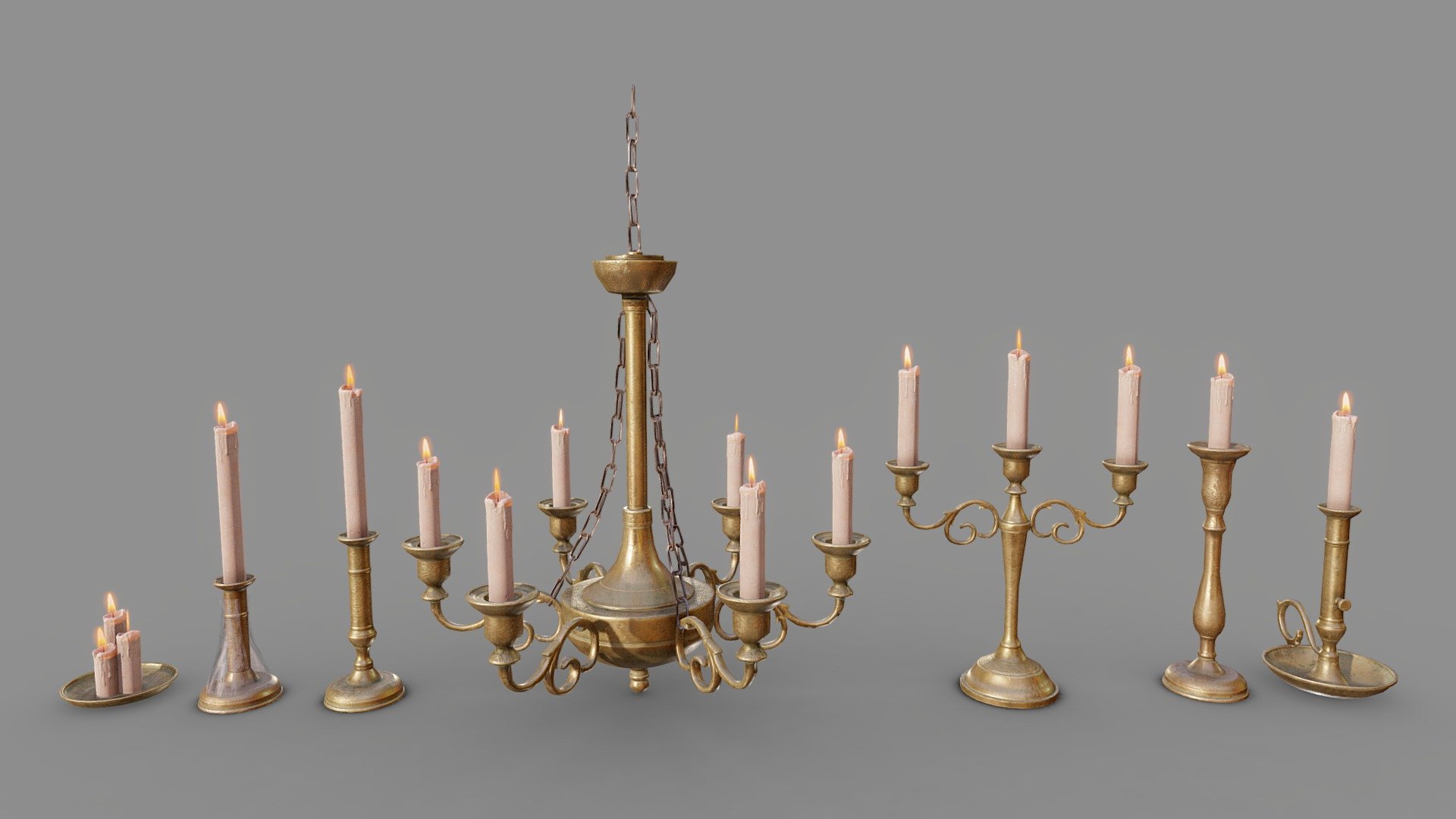 A collection of low-poly, game-ready candle holders and chandelier. These models look great in any old / victorian-era environment. the models are optimised for use in game, VR archviz, and visual production. 

Features




Model includes 7 unique candle holders including a chandelier with candles.

Optimised for game engines with clean topology. Objects are grouped, named appropriately and unwrapped 

27,005 triangles. 13,937 vertices

Modelled in Blender and textured in Substance Painter.

Textures

This model uses 1 PBR texture set. All textures are in .png at 4096x4096 and includes: Base Colour, Roughness, Metallic, Normal, Opacity, Emissive - Candle Holder and Chandelier Pack - Low-Poly - Buy Royalty Free 3D model by Matthew Collings (@mtcollings) 3d model