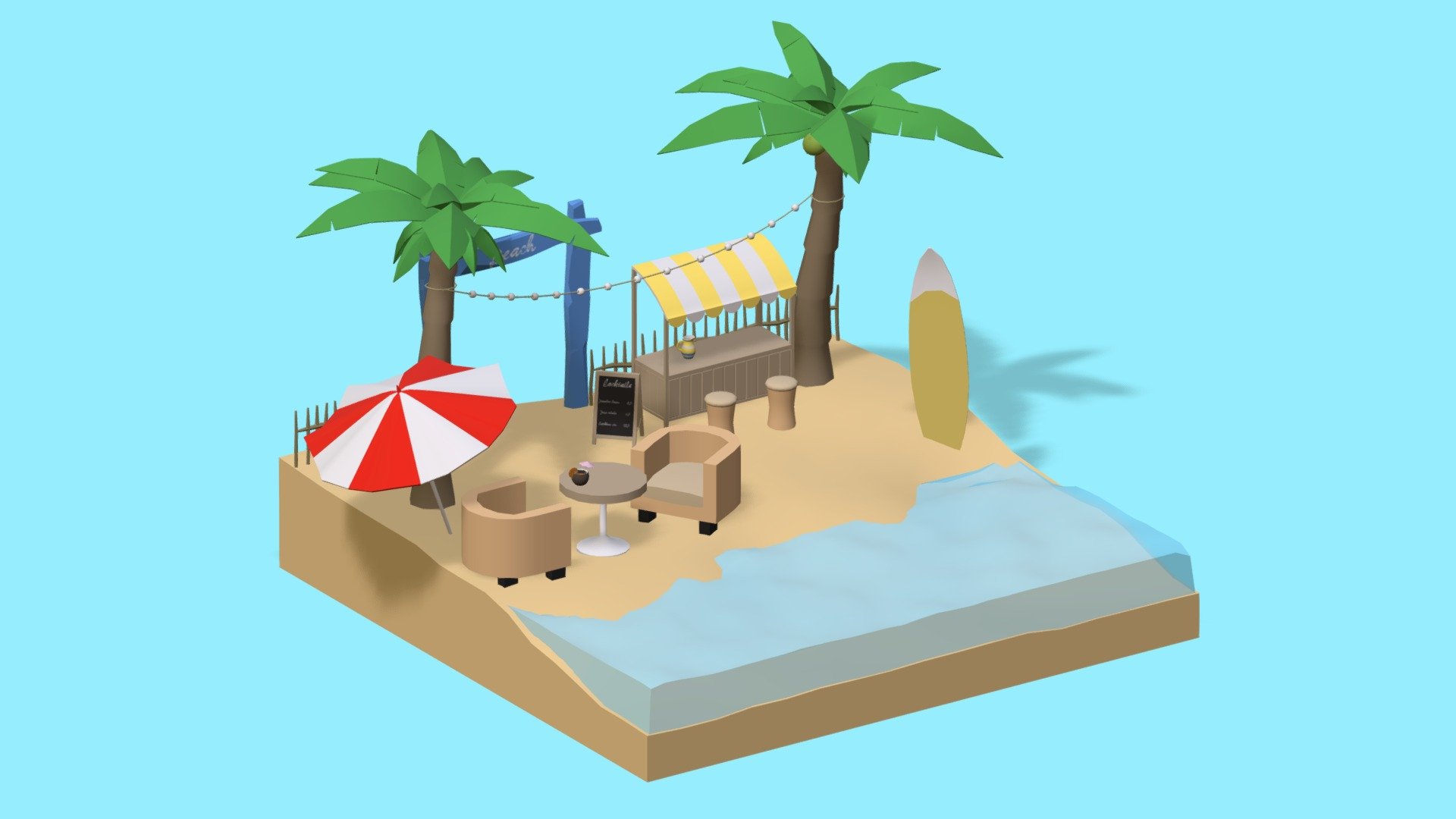 Hi everyone !

I am pleased to present to you this super heavenly corner by the sea in a relaxing atmosphere that will blend into any of your decorations in this style! You can integrate this mini scene in all your games or animations and create a unique decor of which only you have the secret! This pack contains:

A drink stand
A pitcher
Two rattan stools
A menu panel
A surf board
An arch
Barriers
Two rattan armchairs
Coconut palms
Coconuts
A table
A cocktail
An umbrella
A light garland
Sand
The sea ! In fact, everything you see in the images above.
// You can find the font used in this pack at this link: https://www.1001freefonts.com/bad-gong.font

Let your imagination take you! Enjoy ! - Beach - Buy Royalty Free 3D model by ApprenticeRaccoon 3d model