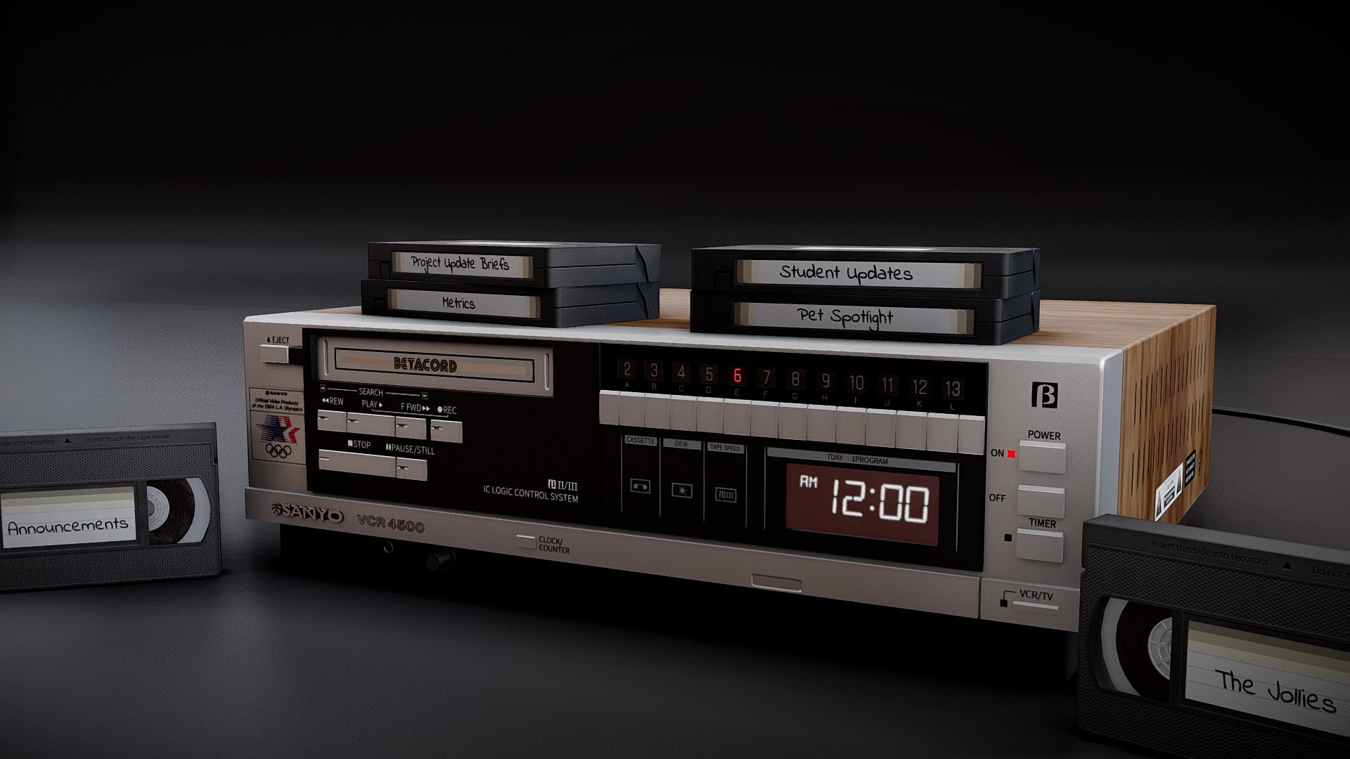 A Sanyo VCR 4500 Betacord VHS Recorder. Used in a render for my workplace's departmental newsletter.  Modeled in Blender and textured in Substance Painter.

Inspiration taken from: https://sketchfab.com/3d-models/vhs-scene-23d91d12bedc4c7db4402b611ff9f276 3d model