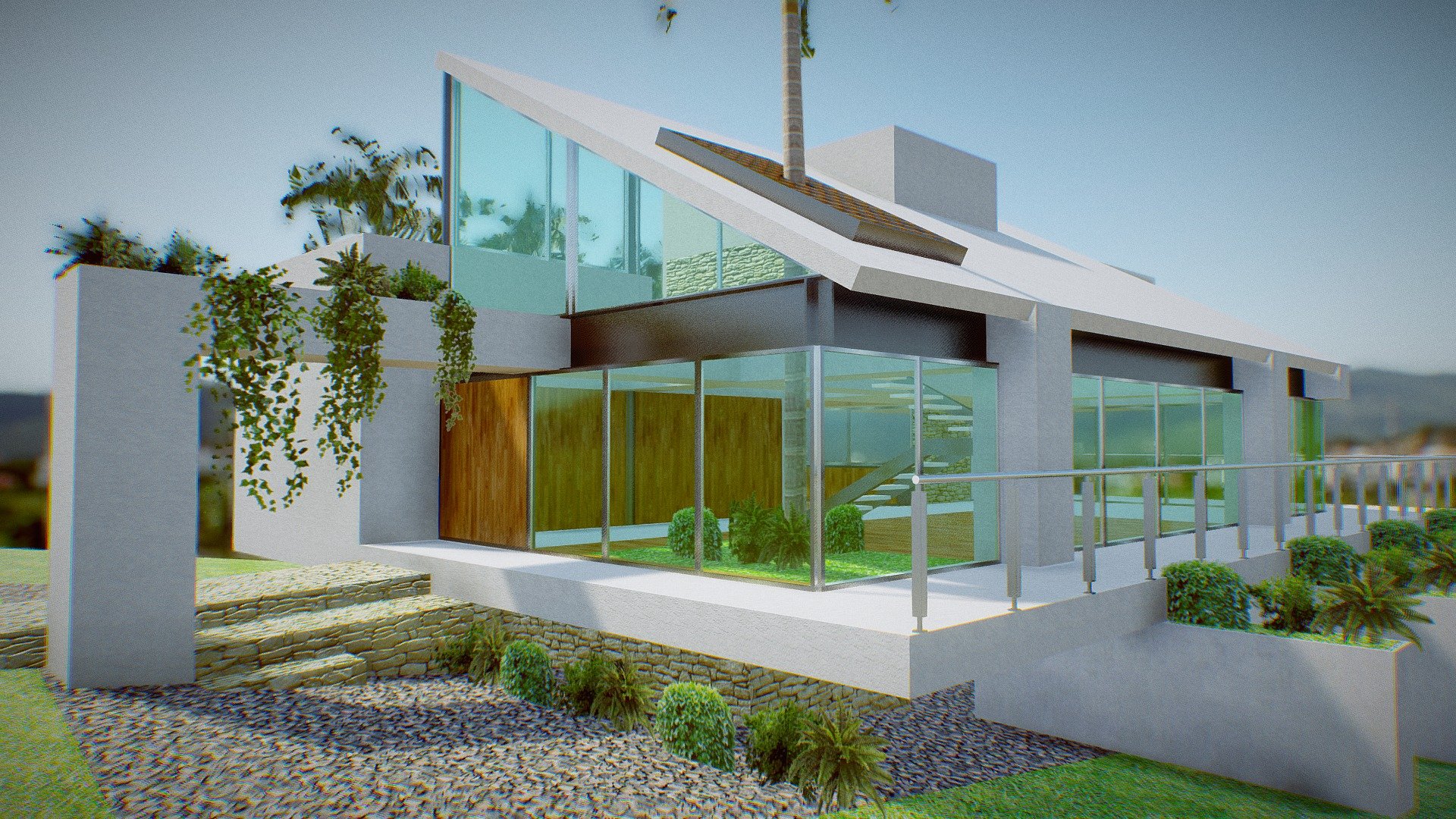 Modern House with glass, white concrete and steel beams in a cliff/mountain. Very opne spaces with private roof garden 3d model