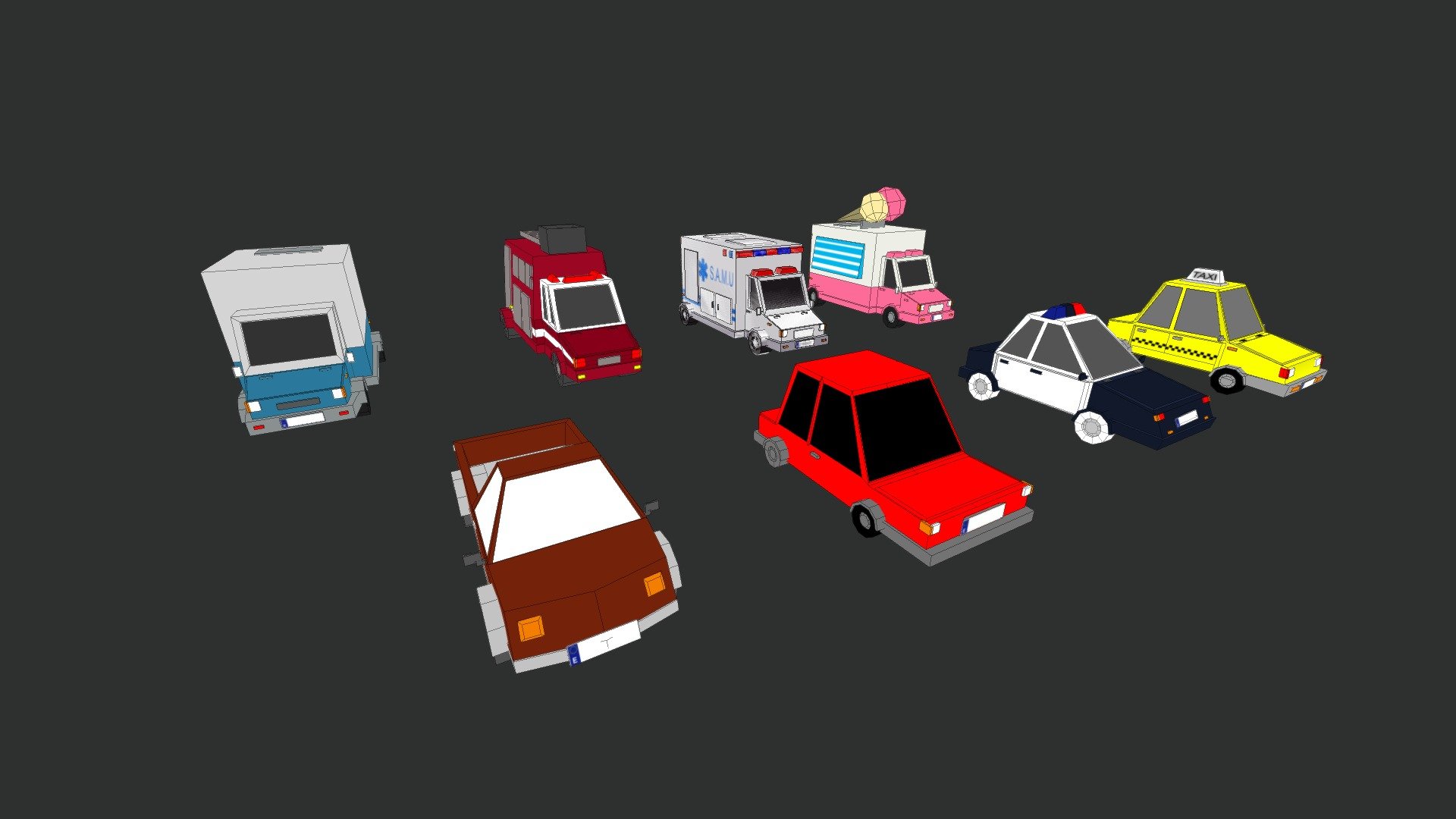 Low poly cars
8 lowpoly cartoonish cars with texture:




Ambulance

Truck

Pick-up truck

Firefighter truck

Icecream truck

Taxi

Police car

Car
 - 8 Lowpoly Cars - 3D model by Pia (@Zombiscuit) 3d model