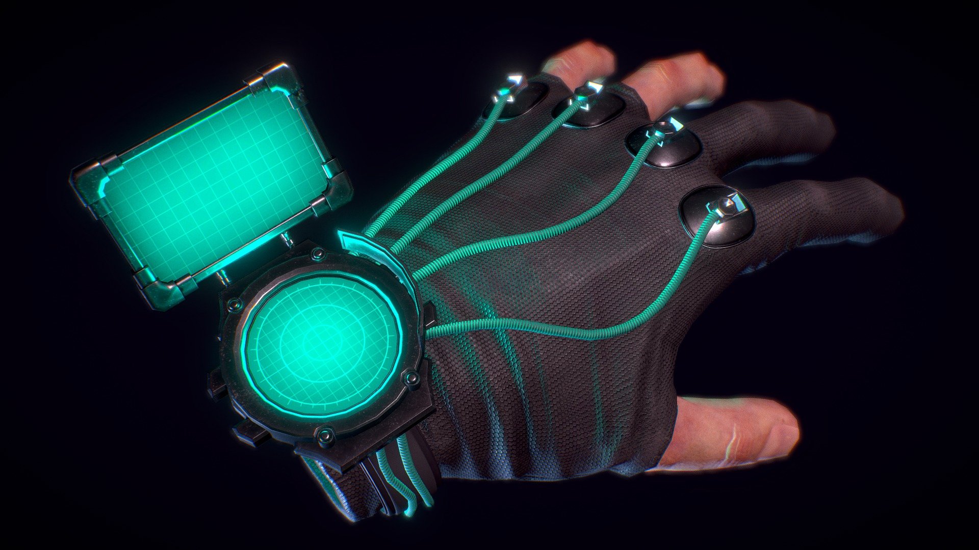 This is a hand model I have created and rigged for the game Cortex, a VR arcade game I am creating in a team for my final project at university. 
I wanted a scifi feel and a device to have the HUD integrated in a natural feeling way. This is the left hand for our character and will feature on-screen throughout gameplay 3d model