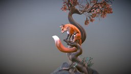 Fox Tree tree, fox, fall, fox3d, creature, animal, leaves, sculpture