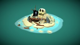 Pirate Scene pirateship, game-ready, game-asset, low-poly-model, low-poly-house, hand-painted, sea, pirates