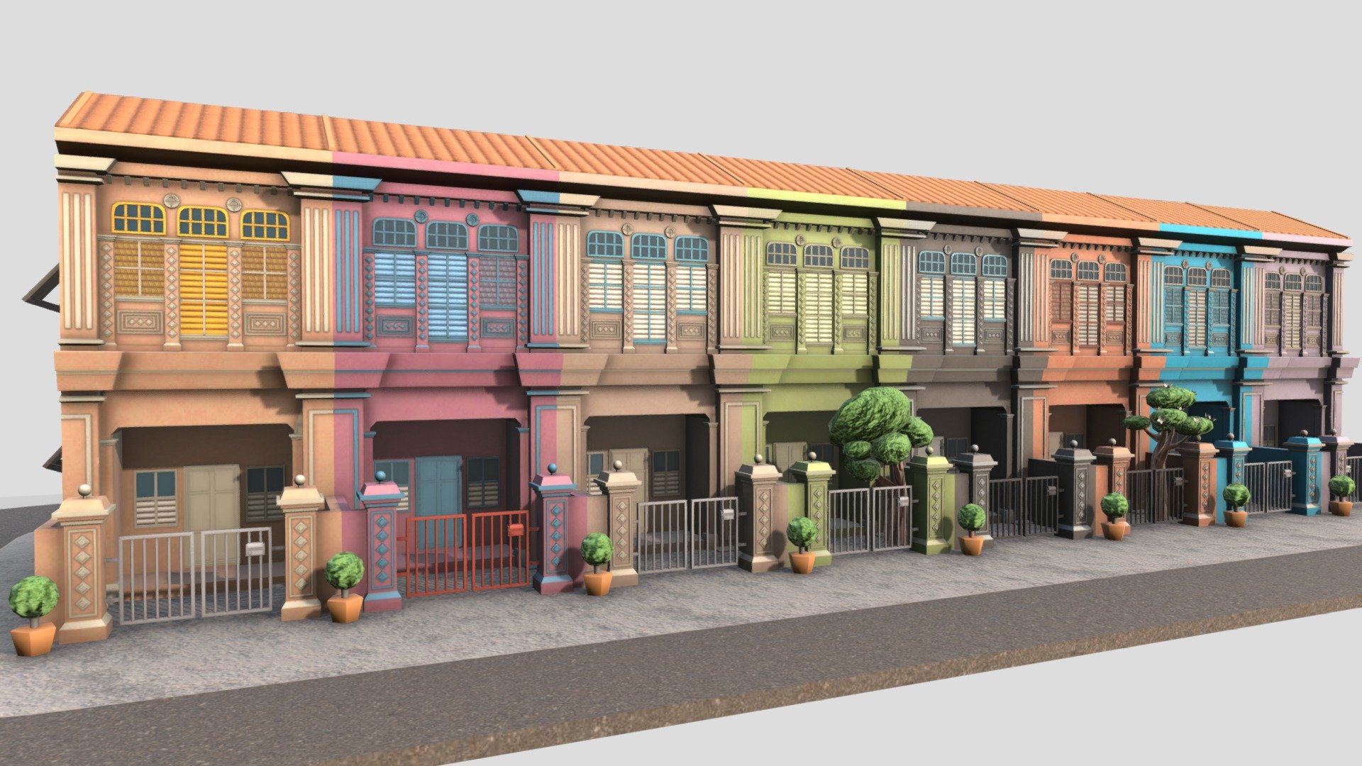 Stylised row of iconic, colourful shophouses along Joo Chiat Road.

Login to STB’s Tourism Information &amp; Services Hub for free downloads:
https://tih.stb.gov.sg/content/tih/en/marketing-and-media-assets/digital-images-andvideoslisting/digital-images-and-videos-detail.1047eabbd18ff5247e789f08c2613d03209.Joo+Chiat+Shophouses.html - Joo Chiat Shophouses - 3D model by STB-TC 3d model