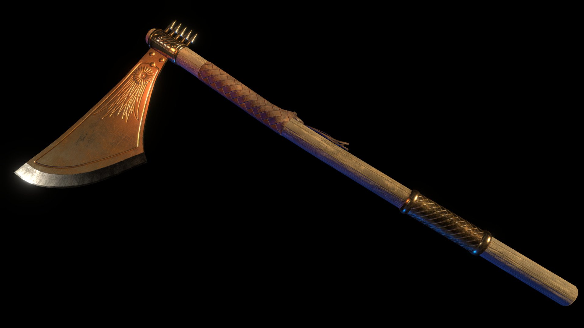 A small Persian Axe's. 
This isn't based on an archeological piece but rather a very simple creation of mine, inspired by differents elements and decorated as I wish.

Mesh Low Poly ( ~ 1700 Faces )
PBR workflow. Most of the Textures in 2K : 
- COLOR
- ROUGH
- NORMAL
- METAL
- AO ( in 1K)

If you buy it and have any suggestion or technical reclamation about the models (or any other models) don't hesitate to send me a message ;)

Have a good day :) - Axe Persian #1 - Buy Royalty Free 3D model by The Ancient Forge (Svein) (@svein) 3d model