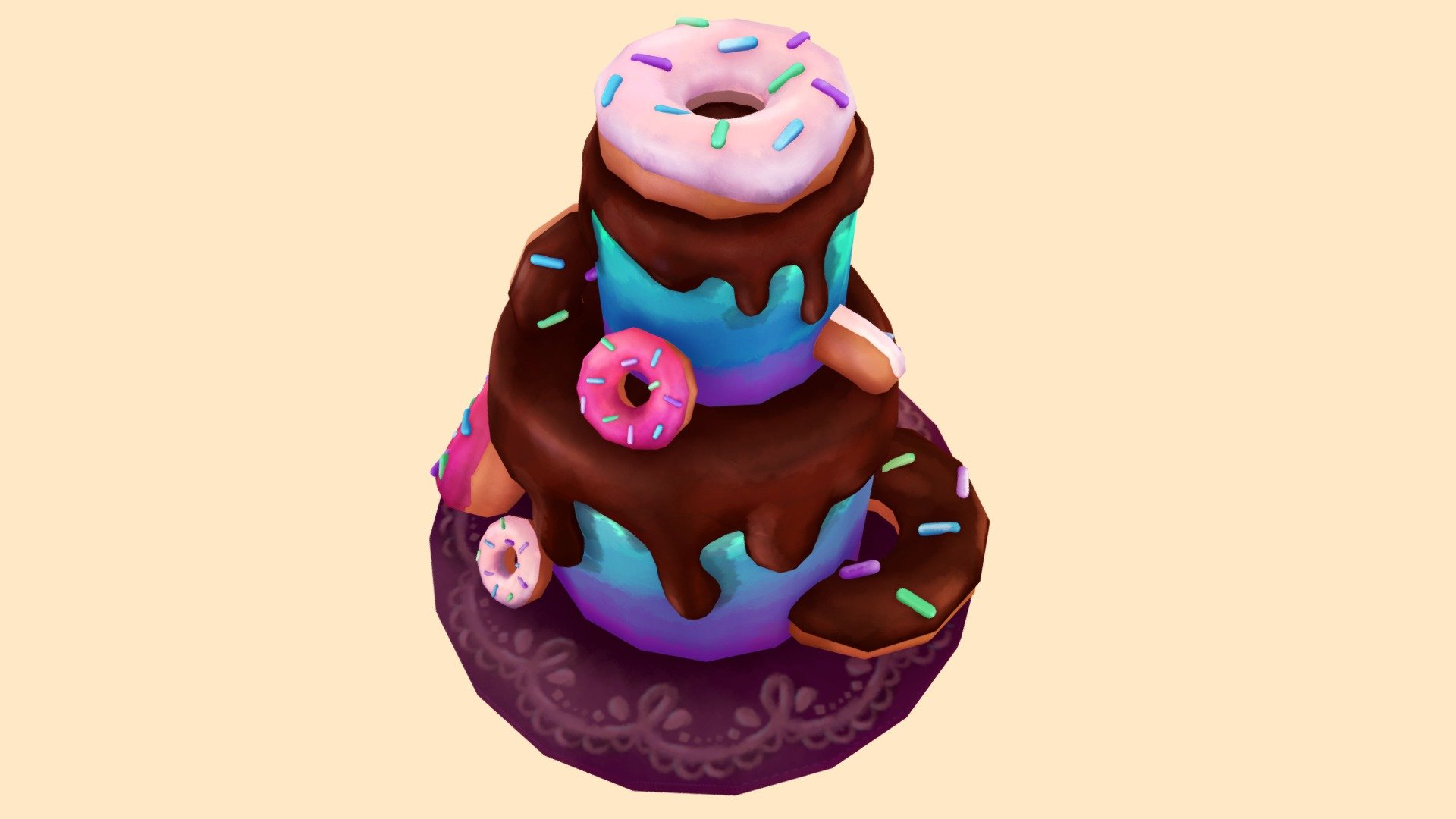 Made a delicious donut cake for the #LowPolyDessertChallenge ! had a ton of fun with this one, and it was my first time using somuchmaterials, to really elevate my handpainting!!

Hope yall enjoy this decidant delight! - Donut Cake - 3D model by CourtneyFayM (@CourtneyFairytaleArt) 3d model