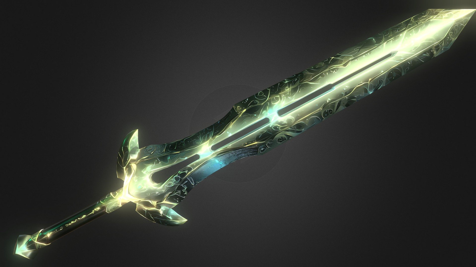 About the model: Aeterskogr, the Eternal Forest Blade, imbued with an ancient spirit, echoing the eternal dance of the forest. The blade gleams with ethereal light, illuminating paths untrodden and realms unseen. Each swing releases an orchestra of whispers that tell tales of timeless battles and victories yet to come. This sword is a symbol of strength, courage, and the eternal spirit of nature.

Name:: Aeterskogr (Eternal Forest Blade) - Merging Latin “Aeternum” (eternal) with Old Norse “skogr” (forest).

Performance: It performs very well in-game, it’s lowpoly and good looking. The textures can be down-scaled from their original 4k resolution to 1k, and it will still have great quality.

Topology: Triangulated

4k Textures: Color, Metallic, Roughness, Emissive, Normal, Height (also mesh maps of Ambient occlusion, Thickness, Curvature, Position, World space normals)

Formats Included: FBX, OBJ, BLEND, GLB, PLY, STL, USDC, X3D, DAE, ABC, MTL, DXF, 3DS - Sword Aeterskogr - Buy Royalty Free 3D model by Wrotzal 3d model