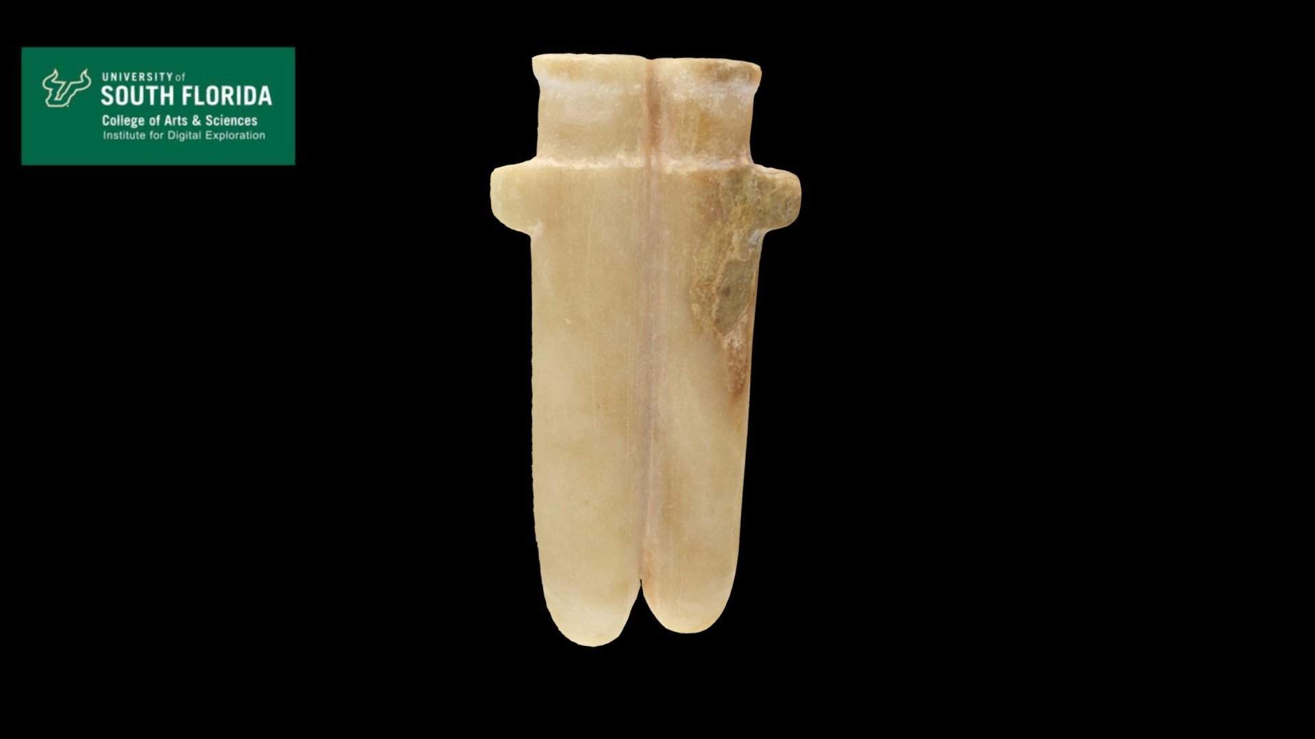 Description: The two-vial unit, joined along one wall, is carved from one piece of alabaster. The holes are drilled for the cavity of the vials and through the handles on either side. The drilled holes are off-center in one vial and in both handles. The walls of the vessel are translucent.

Measurements (cm): H: 8.9 W: 4.4 L: 1.7

References: None

This model was created with 144 images at 6000 x 4000 resolution in Agisoft Photoscan Professional 3d model
