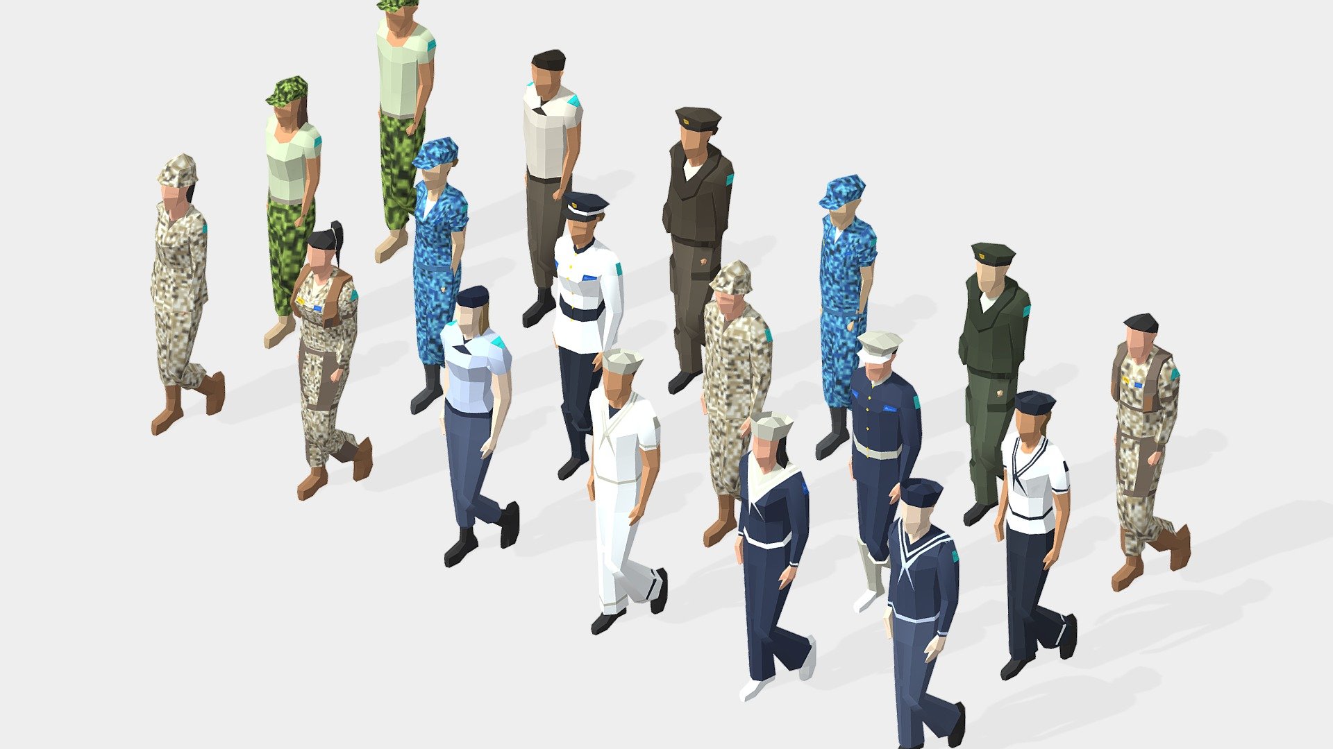 Starting Pack:




6 Ground Forces

6 Air Forces

6 Marine Forces

18 TPose models, 9 women &amp; 9 men.

9 textures, apply to all of them.

Coming Soon:




High Ranking Officers

Special Forces

Price will go higher when updates get released

Formats Included:




Blender 2.8

Collada DAE

OBJ with MTL

FBX

We will release another posed with props pack, soon! :) - Lowpoly Army Pack - Buy Royalty Free 3D model by Studio Ochi (@studioochi) 3d model