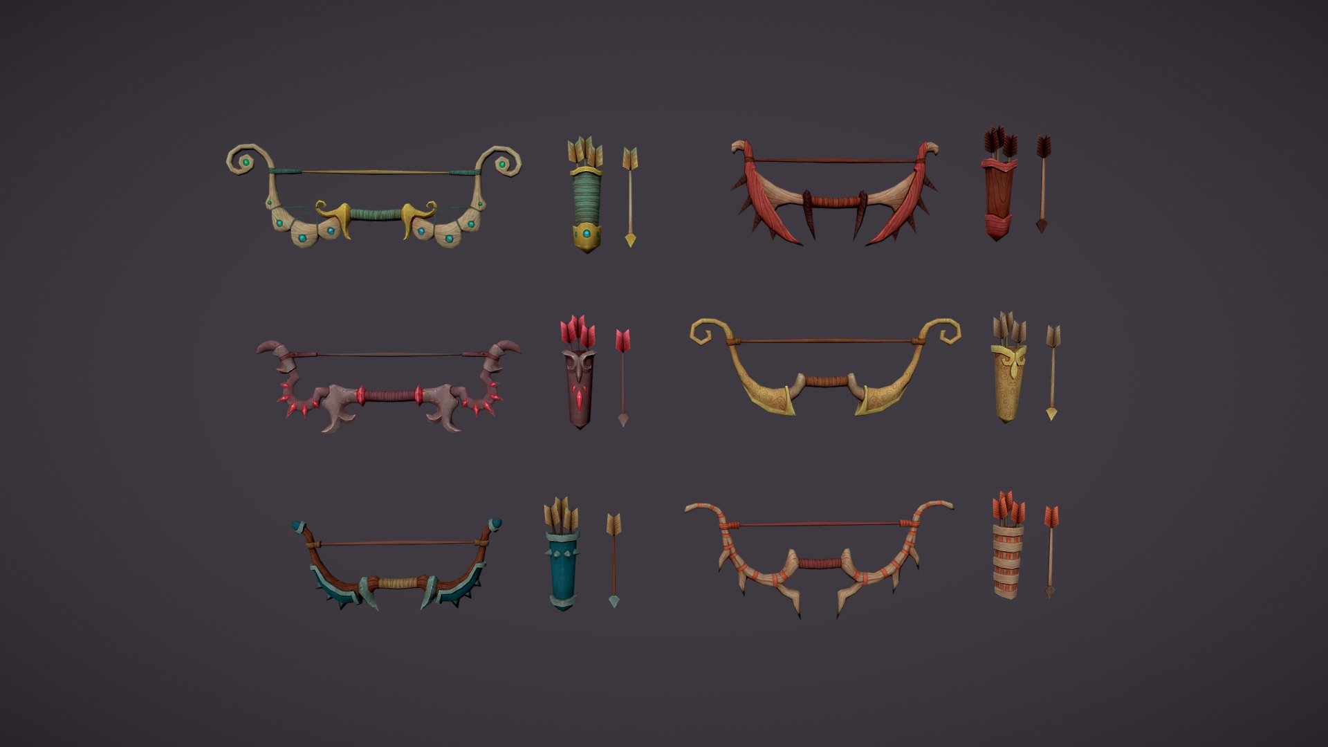 Low poly hand painted fantasy weapon set - bows, arrows, quivers. Rigged, animated.


6 unique models
7800 polys in preview scene
6 texture: diffuse map 1024px in .png format
all models separated in different .fbx files
shoot animation 

If you have any troubles be free to write me - Fantasy bow set - 3D model by cattleya 3d model