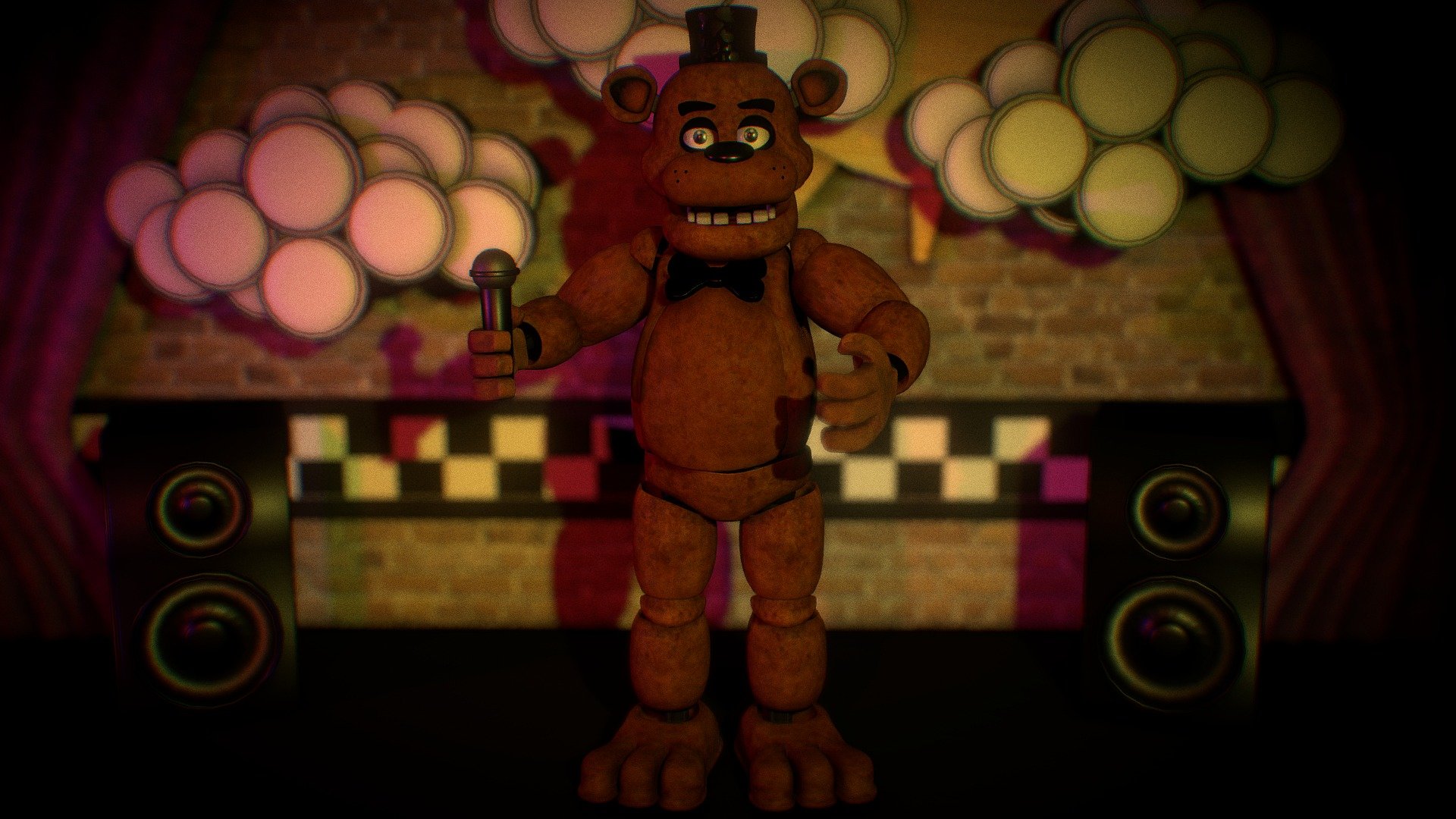 Yay! The setup took me 3 hours, I hope you guys like it! Time flies. Don't forget to check  my DEVIANTART Fazersion.deviantart.com . I modelled him and the scene in BLENDER.
There won't be a release now but maybe&hellip; I said maybe!
Freddy textures by: YinYangGio1987 and RynFox
YinYangGio1987.deviantart.com
RynFox.deviantart.com

2021 EDIT: Hey :) Please do not ask for a download, as I do not have the files anymore, they're lost :/. 

THE MODEL WAS MODELED BY ME 3d model