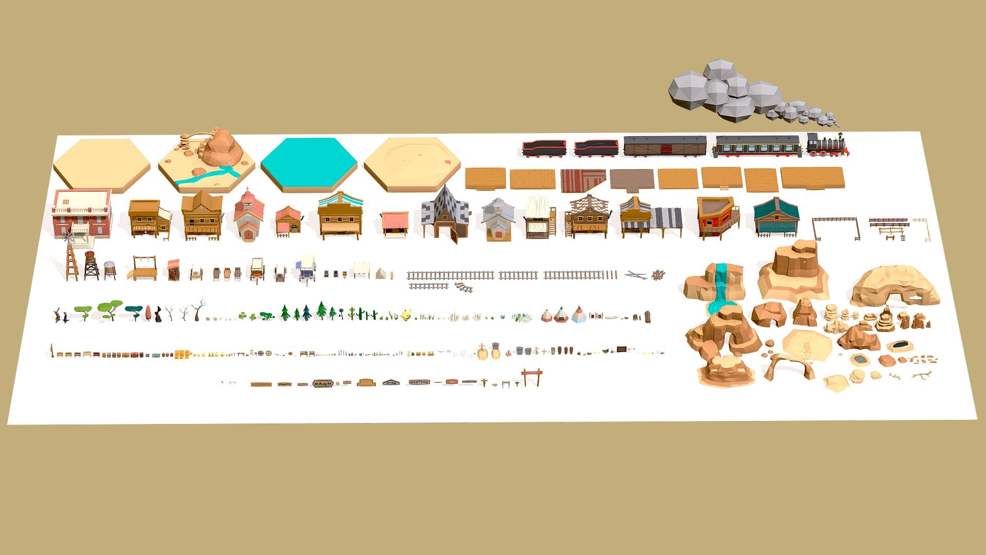 part of Low Poly Wild West Set download here

25 tiles + 330 objects

Exteriors props: 
● Buildings (saloon, trading post, hotel, railway station, gold stash, guns shop, school, sheriff, church, undertaker, toilet, bank, farm, vigvams, tent, caravan, cart)

● Landscape (mountains, hills, mine, waterfall, lake, stones, cave, puddle, cracks, pit, rocks)

● Vegetation (trees, spruces, bushes, grass, stump, cactus, tumbleweed, meadow, fern)

● Train (locomotive, freight wagons, passenger coach, mine cart, rails, station)

● Props (sign, signboards, drying skins, bottles, wheel, chairs, coffins, graves, posters, gun, fences, scrolls, shovel, broom, barrels, bags, boxes, dynamites, TNT, bones, skulls, logs and much more)

You can easily create any map that suits you by simply connecting the tiles. Pack is Real-world-size, but you can scale the objects/models to the size you need 3d model