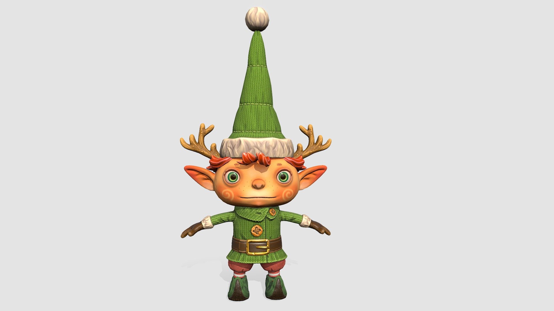 Сhristmas elf 3D model. Finished game lowpoly model with PBR Textures.

This cute character wants to be the star of your project!

Two formats are available: FBX, OBJ

PBR Maps: 2 maps x 4096x4096/png 
Normal
Albedo
Roughness
Metalness
Ao

Subdivision:
Polygons: 9 503 
Triangles: 18 905
Vertex: 10 082 - Сhristmas elf - Buy Royalty Free 3D model by Saniodesign 3d model