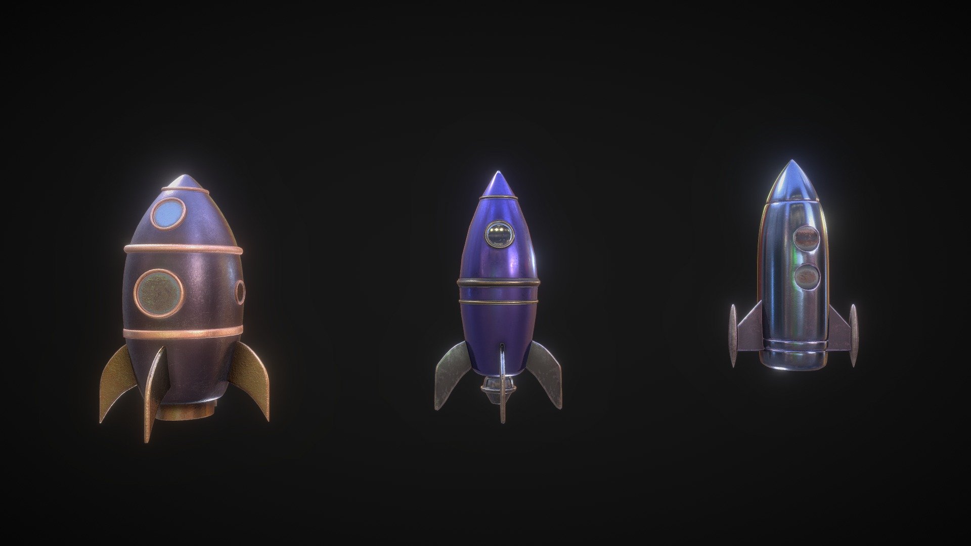 Set of 3 different stylized rocket ships.

3D modelling with Blender.
3D Texturing with Substance Painter - Pack of stylized rocket ships - low poly assets - Buy Royalty Free 3D model by cpineda3d 3d model