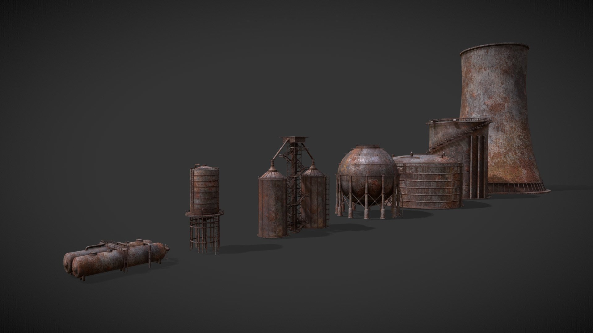 Rusted industrial tank prop collection game-ready 3d model