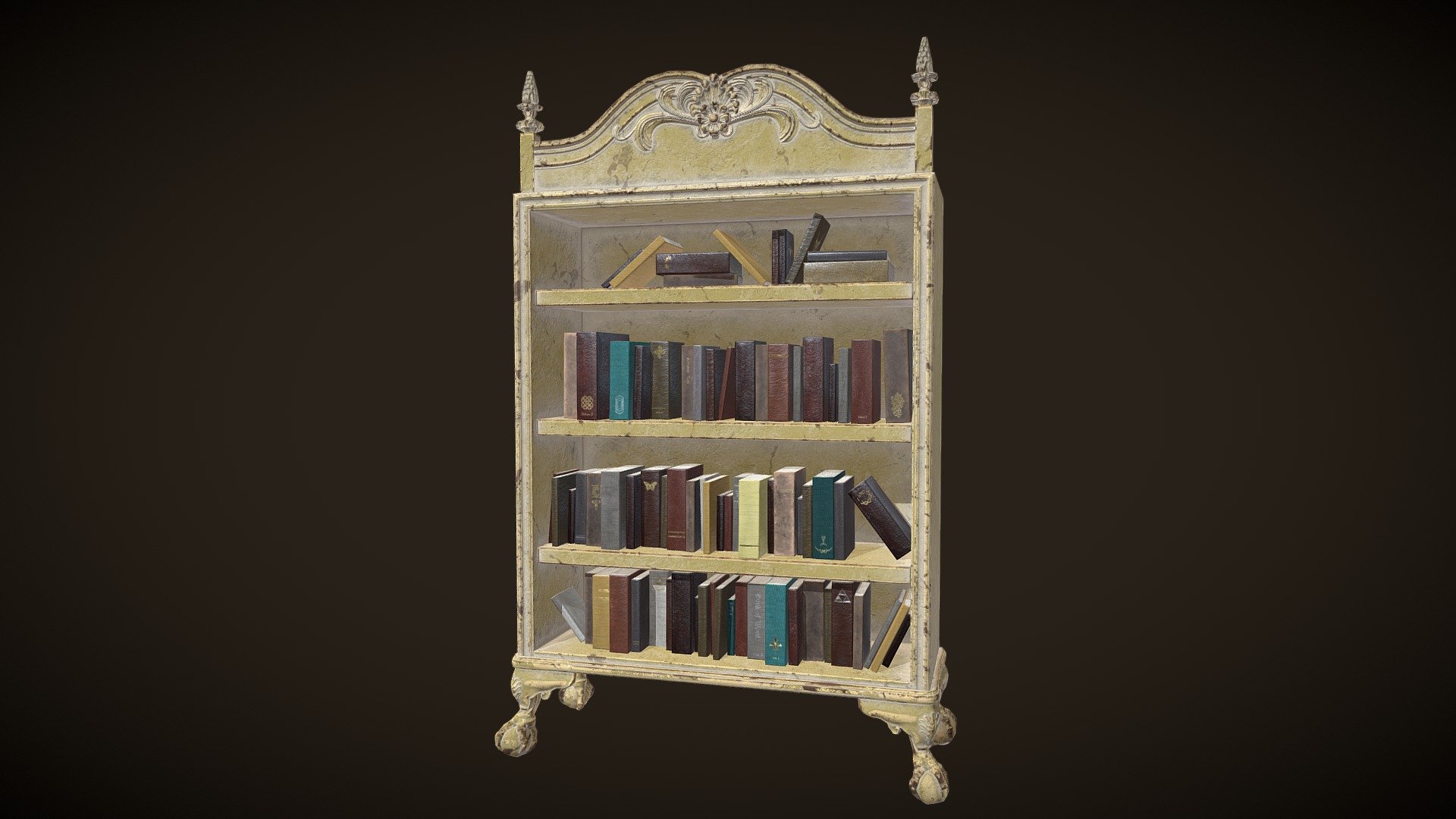 Weathered medium poly book case with books.  Game asset with PBR textures.  High and low poly modeled in Blender, textured in Substance Painter 3d model