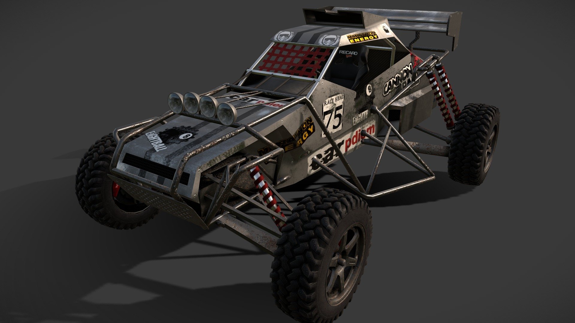 The Jester Butane from Motorstorm Apocalypse.

This Modell features every exterior detail close to the original (Including the fictional brand stickers)

The suspension is kept low poly and is easy to animate.

Note: This model is not rigged! I slighty reworked it from the old one. Mainly textures and some small changes to the mesh. The engine still looks kinda bad maybe ill redo that texture in the Future :P

Textures come in PNG format - Jester Butane Reworked - Download Free 3D model by Swiss_Fox 3d model