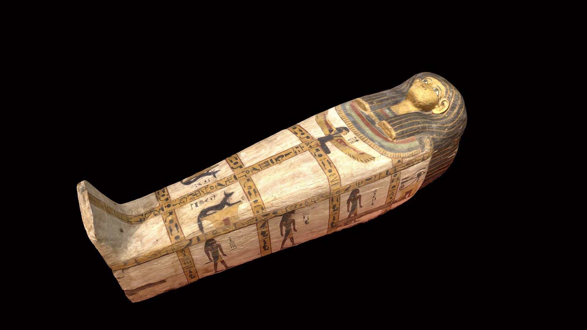Wooden anthropoid coffin of Noub in the Egyptian Museum, Cairo.  From Tomb no. 1379 in the eastern cemetery of Deir el-Medina.

18th Dynasty.
length: 188 cm; width: 52 cm; height: 62 cm.
Cairo Museum number JE 66869, SS/8506 3d model