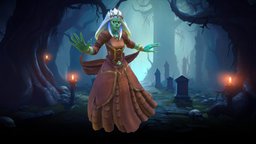 Stylized Banshee Queen skeleton, wizard, rpg, death, undead, mmo, rts, brutal, necromancer, jail, iron, chain, floating, caster, chains, ironmaiden, outfit, banshee, moba, cowl, necromancy, handpainted, lowpoly, stylized, fantasy, ghost, halloween