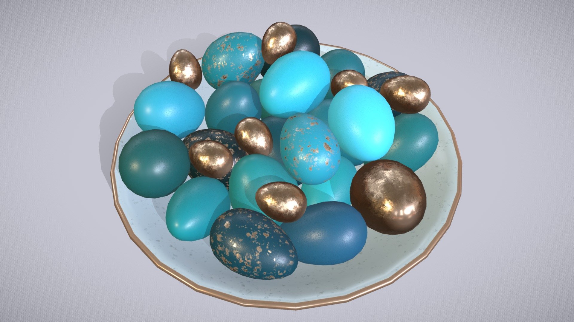 Detailed model of blue and gold Easter eggs laid out on a plate.
Bright and shining Easter eggs perfect fit for creating a festive tablescape.

And will add an Easter charm to your 3D project, game or metaverse:)





Model info



quads clean topology, 6k faces

clean unwrapped UV

5 sets of texture maps (BaseColor, Metallic, Roughness, Normal) in 4K and 2K resolution

5 materials

ready to use in blend, fbx and obj formats

Built with Blender. Origin Blender file attached.


Thanks for watching^.^
Have questions about the model?

Mail me: tochechkavhoda@gmail.com - Blue Easter eggs - Buy Royalty Free 3D model by tochechka 3d model