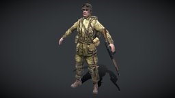 American WWII Soldier trooper, us, soldier, wwii, bag, thompson, american, uniform, machine-gun, weapon, character, low-poly, game, man, military, usa, gun, male, war, durty