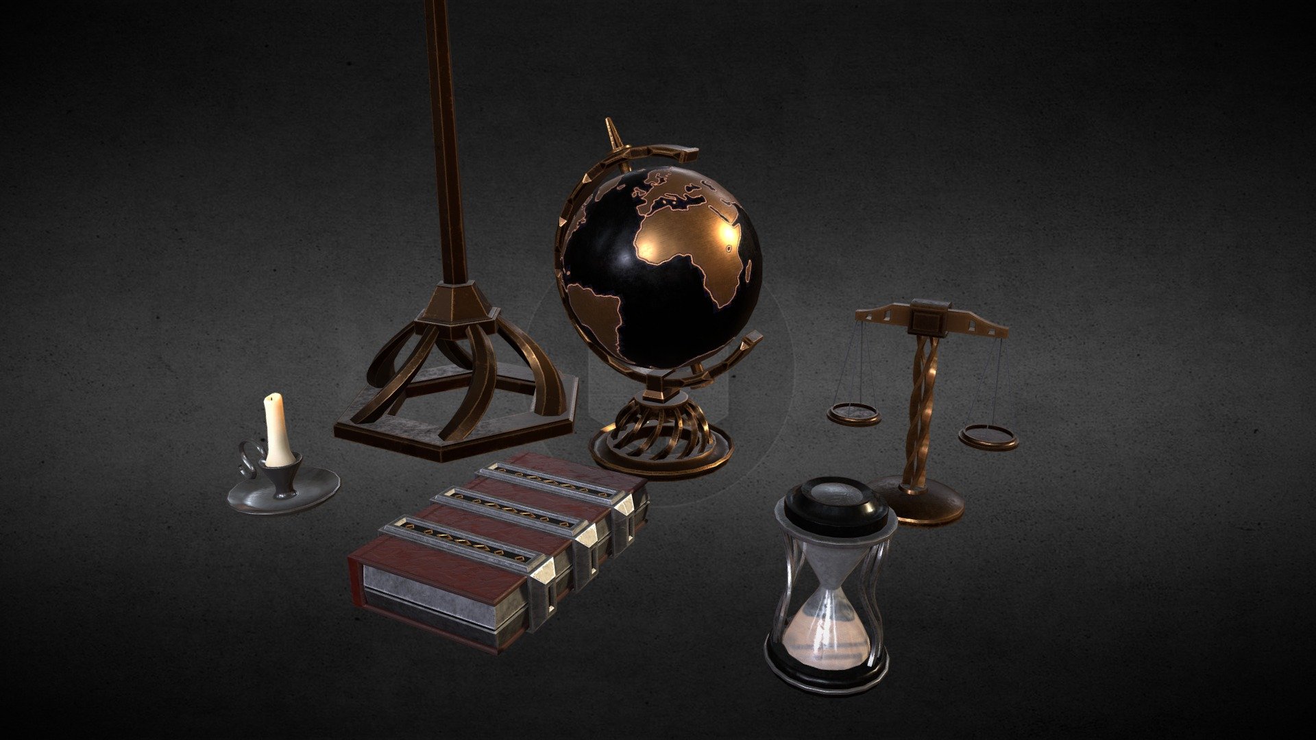 Here is my project for the 6 props assignment in SGD 214. For this project I chose a to do a medieval fantasy study room theme. The props I chose are a candlestand, globe, scale, candle holder, locked book, and a hourglass. My inspiration for these props came from an old intrest in strange tabletop items like globes, hourglasses, and scales. I remember as a kid staring at maps and fiddling with hourglasses watching the sand dribble down to each side. Finding ideas for this project wasn't too hard, as I already knew mostly what I wanted to make and how 3d model