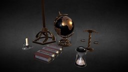 6 Medieval Fantasy Study Props planet, globe, medieval, earth, candle, scale, candlestick, hourglass, map, candleholder, locked, candlestand, substancepainter, substance, maya, book, decoration
