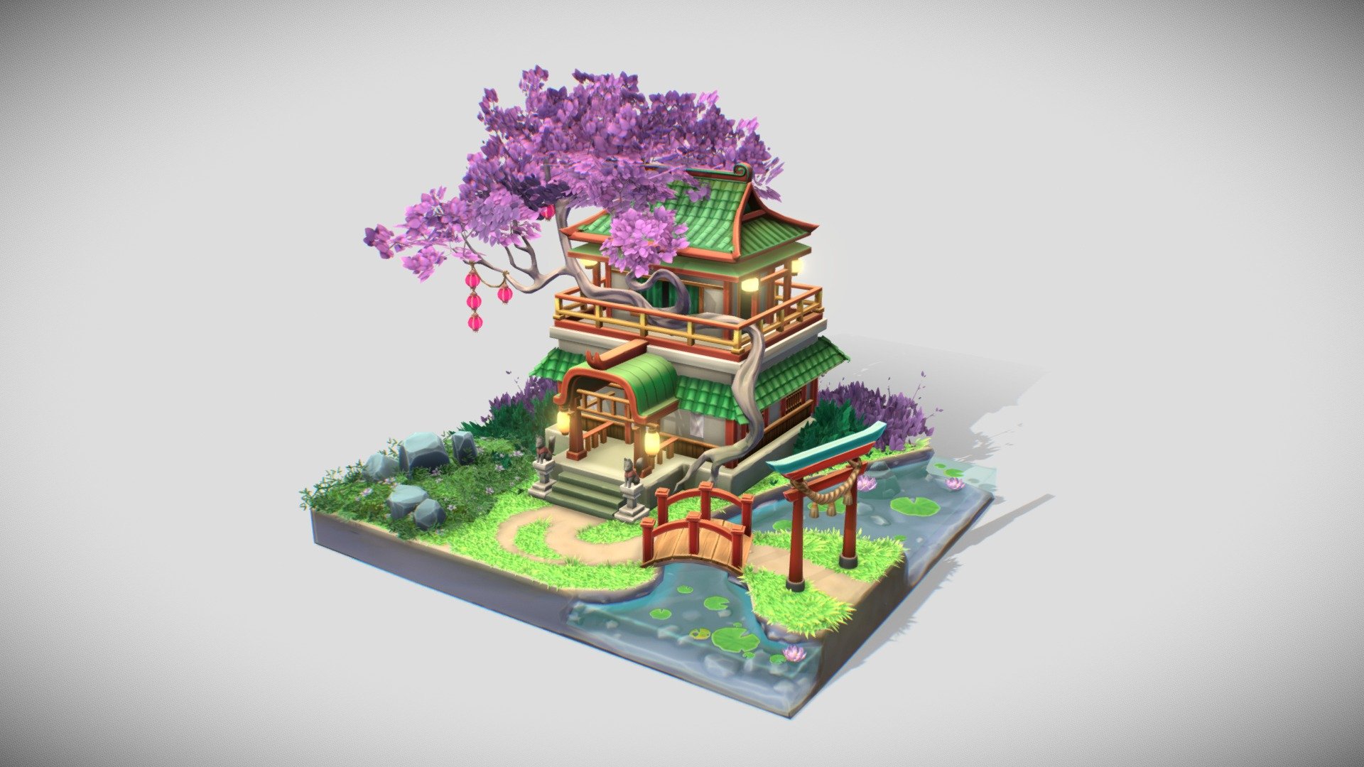 This 3d art was based in a art from Julia Kovalyova (https://www.artstation.com/artwork/W2QzK2) - Kitsune temple - 3D model by AvnasMartyr (@avnasm) 3d model