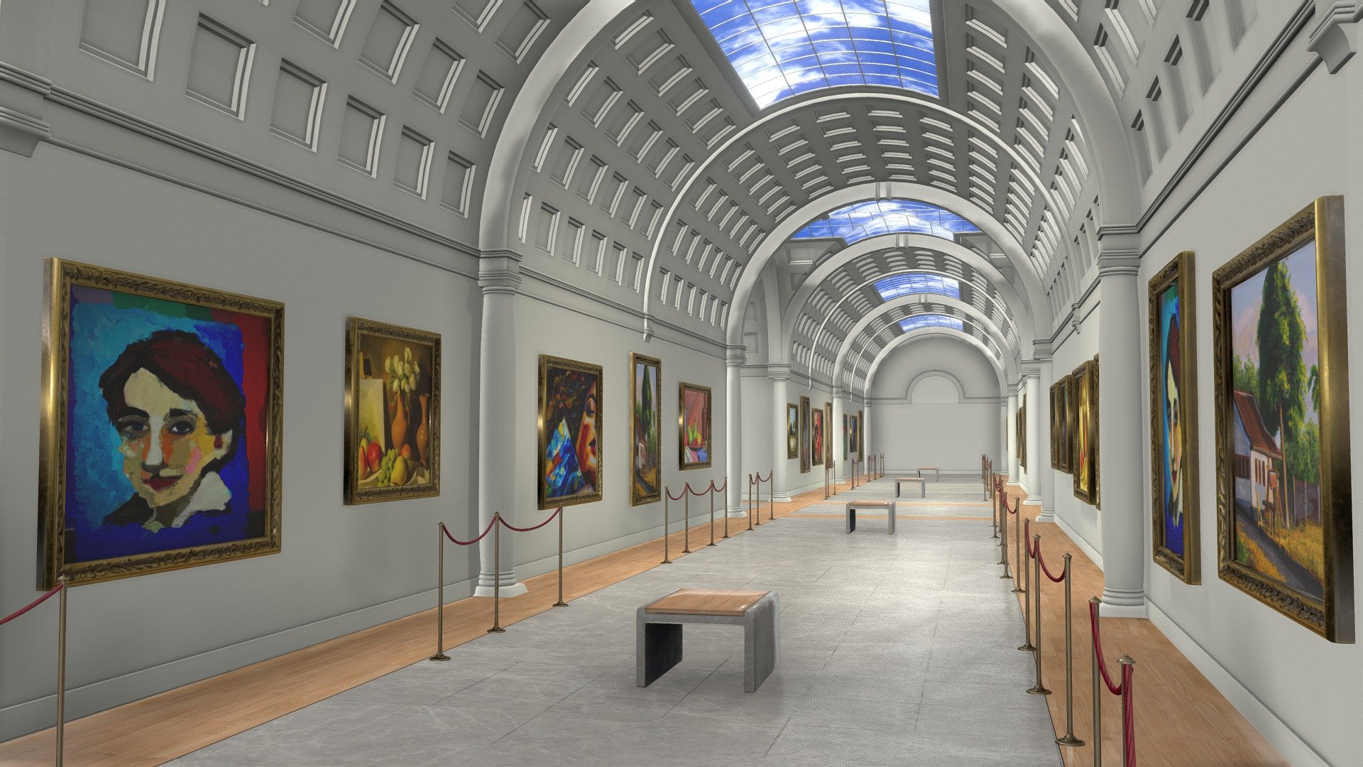 Optimized vr museum. The interior museum asset is attached in one piece in cross shape, but it could be detached and converted in a different modular space. To modify the space, only have to add or removing parts. It only uses 1 material with 5 PBR textures in 4096x4096 (color, metallic, roughness, normal, Ao and emissive). The 3d model has three separate assets: 1 the main museum building, 2 the canvas and separators and 3  pictures only for visualization purpose. The space is made in real measures and as a curiosity, most of the parts were made with pi measures 3d model
