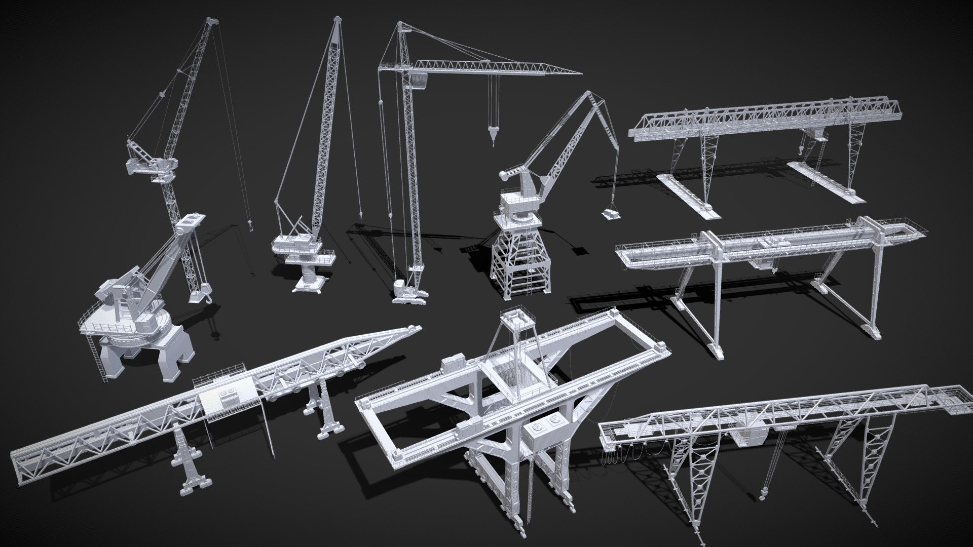 Get pack - https://www.artstation.com/a/15303

10 crane models - tower crane , container crane , port crane

include max(2017), fbx, obj and blend(2.8) files - Cranes - 10 pieces - 3D model by 3d.armzep 3d model