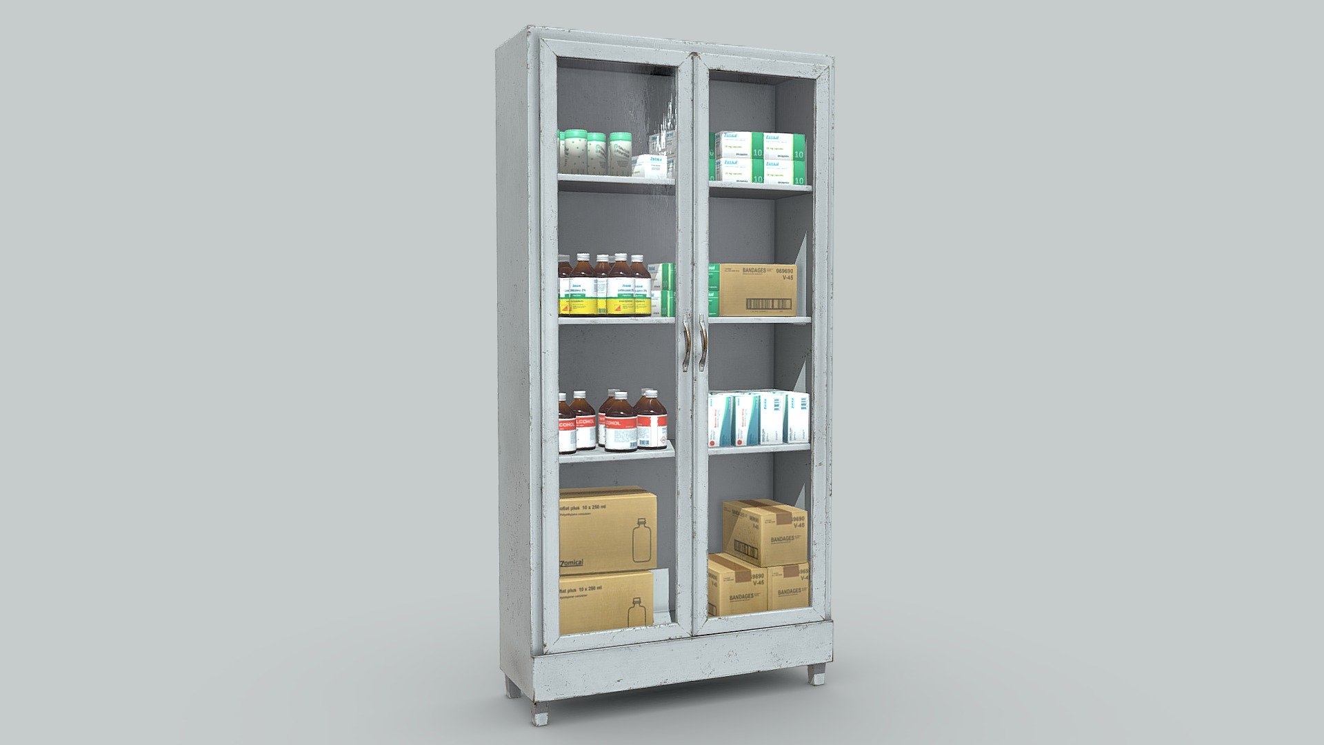Lowpoly Hospital cupboard with 7045 polys. All quads, real measures, centered in 0,0 coordinates and PBR textures in 4096 x 4096 in two materials. The medicines mesh are duplicated to use the same textures. Ready to use. 
See the bed for this asset here: https://skfb.ly/oMVtn 
See the Hospital drip for this asset here: https://skfb.ly/oNuup
See the oxygen gas tank here: https://skfb.ly/oNxK6
See the Medicines trolley here: https://skfb.ly/oNT6v - Medicines hospital cupboard - Buy Royalty Free 3D model by markusenes 3d model