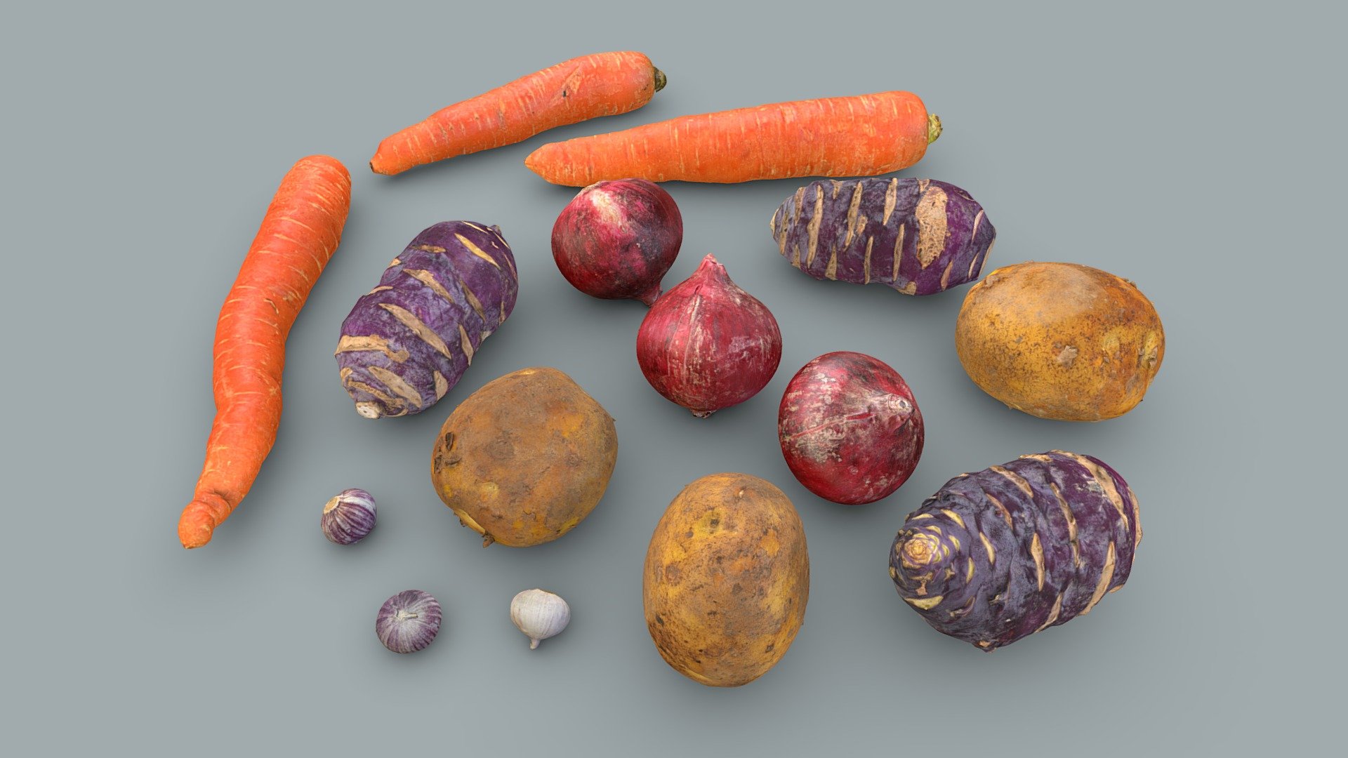 Lowpoly vegetable pack that includes:


3 individually scanned carrots
3 individually scanned potatoes
3 individually scanned kohlrabis
3 individually scanned solo garlics
3 individually scanned red onions

All models include 8k diffuse map, 4k normal map, 4k ambient occlusion map and various specular and gloss maps

Processed with Metashape + Blender + Instant meshes

You can also buy these vegetable packs separately from my store page 3d model