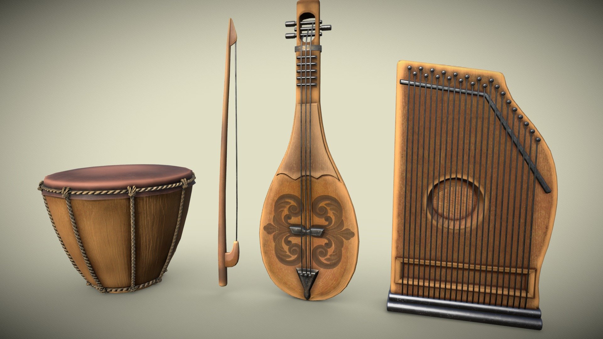 Musical instruments PBR game ready Low-poly 3D model Drum 
Polygons 6752
 Vertices 6798 zither 
Polygons 2991 
Vertices 2963 zebec
 Polygons 2997 
Vertices 3105 - Musical instruments PBR game ready 3D model Low- - Buy Royalty Free 3D model by Svetlana07 3d model