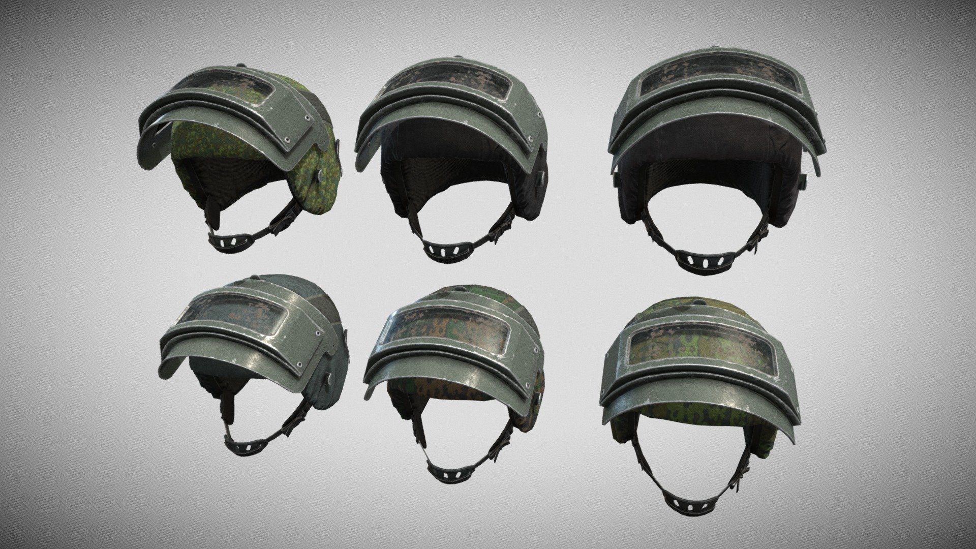 Game-Ready PBR low-poly model of a US modern helmet. All materials and textures are included. The textures of the model are applied with UV Unwrap. Normal map was baked from a high poly model. Including 3dsmax and Blender, OBJ and FBX.

2982 polygons
5370 triangles
2828 vertices

Maps:

helmet_AO.tga, helmet_Glossiness.tga, helmet_Roughness.tga, helmet_Metallic.tga, helmet_Curvature.tga,helmet_Specular.tga, helmet_Normal.tga, helmet_BaseColor_01.tga &hellip; helmet_BaseColor_06.tga, helmet_Diffuse_01.tga &hellip; helmet_Diffuse_06.tga (4096x4096)

helmet_glass_BaseColor.tga, helmet_glass_Diffuse.tga, helmet_glass_Glossiness.tga, helmet_glass_Metallic.tga, helmet_glass_Normal.tga, helmet_glass_Opacity.tga, helmet_glass_Roughness.tga, helmet_glass_Specular.tga (2048x2048) - Russian Modern Helmet - Buy Royalty Free 3D model by alpenwolf (@alpen) 3d model
