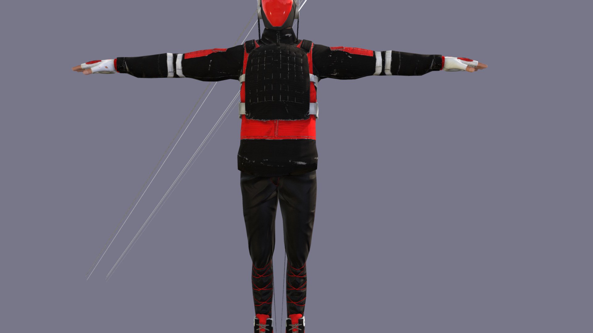 Here's the Completed Suit with the Re-enforced Glass Front Helmet, slightly transparent, with signal receptors built in to the ears like shaped headpiece.
It allows for maximum viewing, with a clear point out for obstacles that may come in the way while snowboarding.
The suit is also well designed to protect the wearer considerably should they fall off their board 3d model