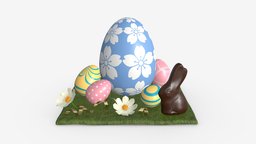 Easter Eggs Rabbit Flowers Composition rabbit, symbol, grass, flower, basket, egg, easter, wicker, chocolate, traditional, celebration, tradition, braided, 3d, pbr, design, decoration