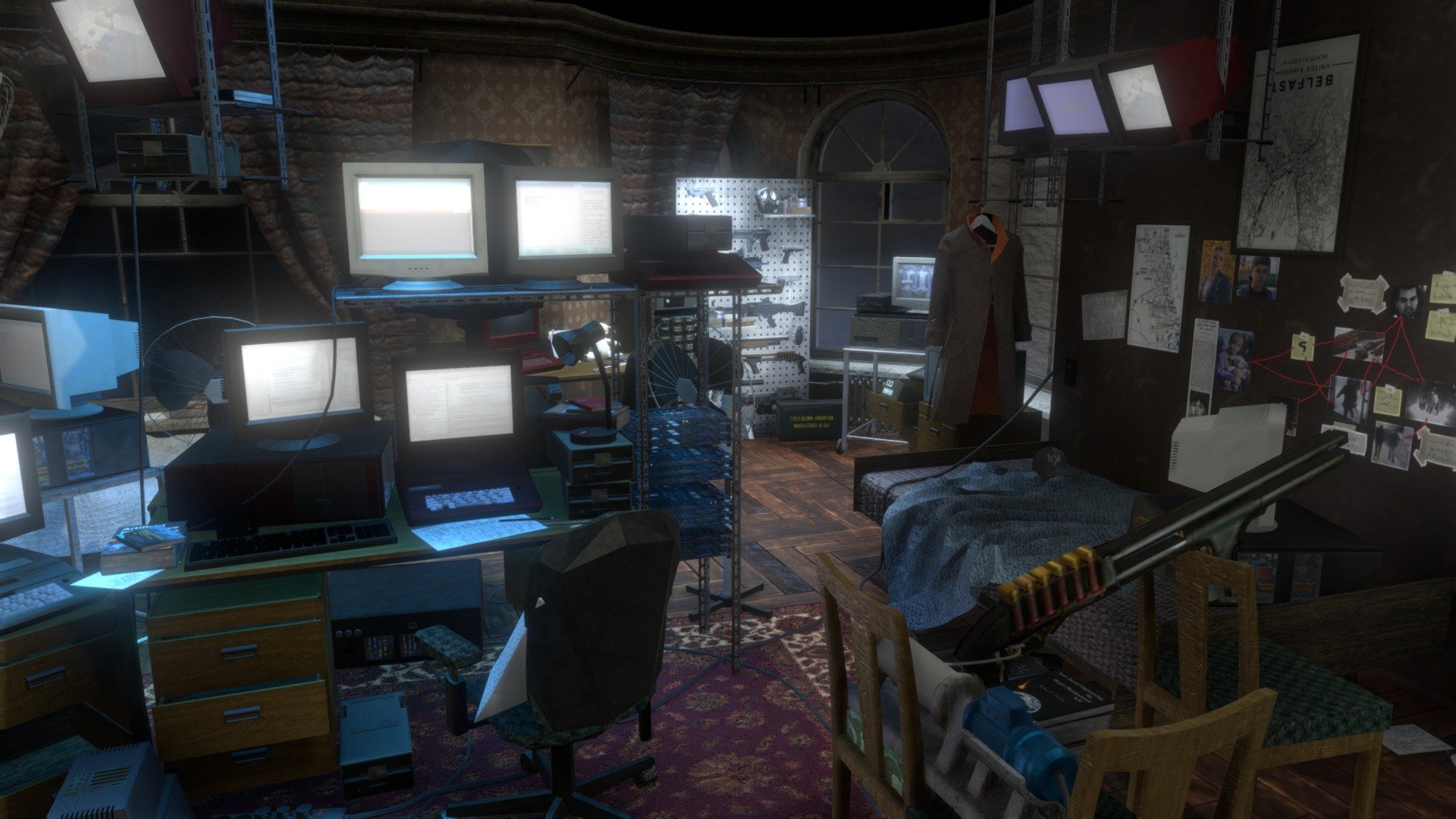 This interior is based on the character Aiden pearce from Watch_Dogs (2014). I imagined his hideout to be packed with electrical equipment, booby-trapped to prevent intruders, and look as though it belongs to an obbsessive and paranoid madman who also has no time to tidy up. 

Enviromental storytelling features:


Framed photo of Lena Pearce (deceased neice) who fell victim to Aiden's actions. 
Lena's teddy and bracelet she might have had.
Investigation wall.
Aiden's coat hung up on a hanger.
Map of Belfast (where Aiden grew up).
Map of Chicago (where game is set).
Makeshift booby-trap where a shotgun is set to be triggered to shoot if an intruder comes in.
ctOS surveillance footage of nearby areas.
Framed picture of the Cloud Gate (iconic Chicago sculpture).
Books on big cons, social engineering, psychology and intimidation tactics.
A safe to keep all his stolen, undeclared money.
Server tower to keep confidential files on.
 - Aiden Pearce's Hideout - 3D model by Michaela Blanchfield (@michaelablanchfield) 3d model