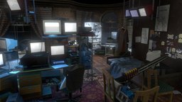 Aiden Pearces Hideout office, modern, computer, computers, monitors, pc, security, hacker, monitor, rustic, surveillance, gritty, realistic, hideout, winch, crt, moody, wires, messy, aiden, pearce, weapon, weapons, dark, gun, interior, guns, keyboard, watch_dogs, ctos