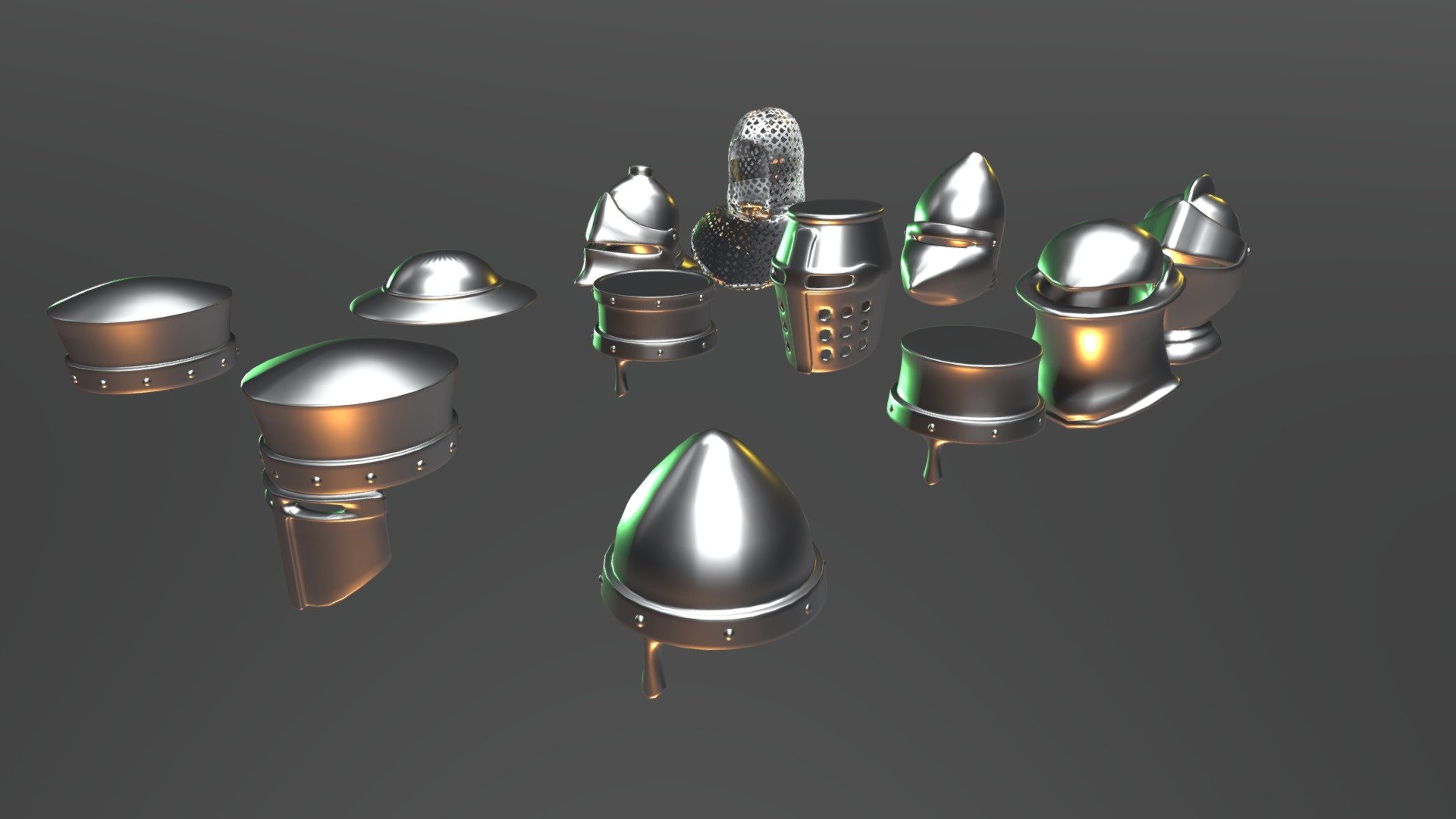 These are a set of medieval style helmets.  They are low-medium poly 3d model