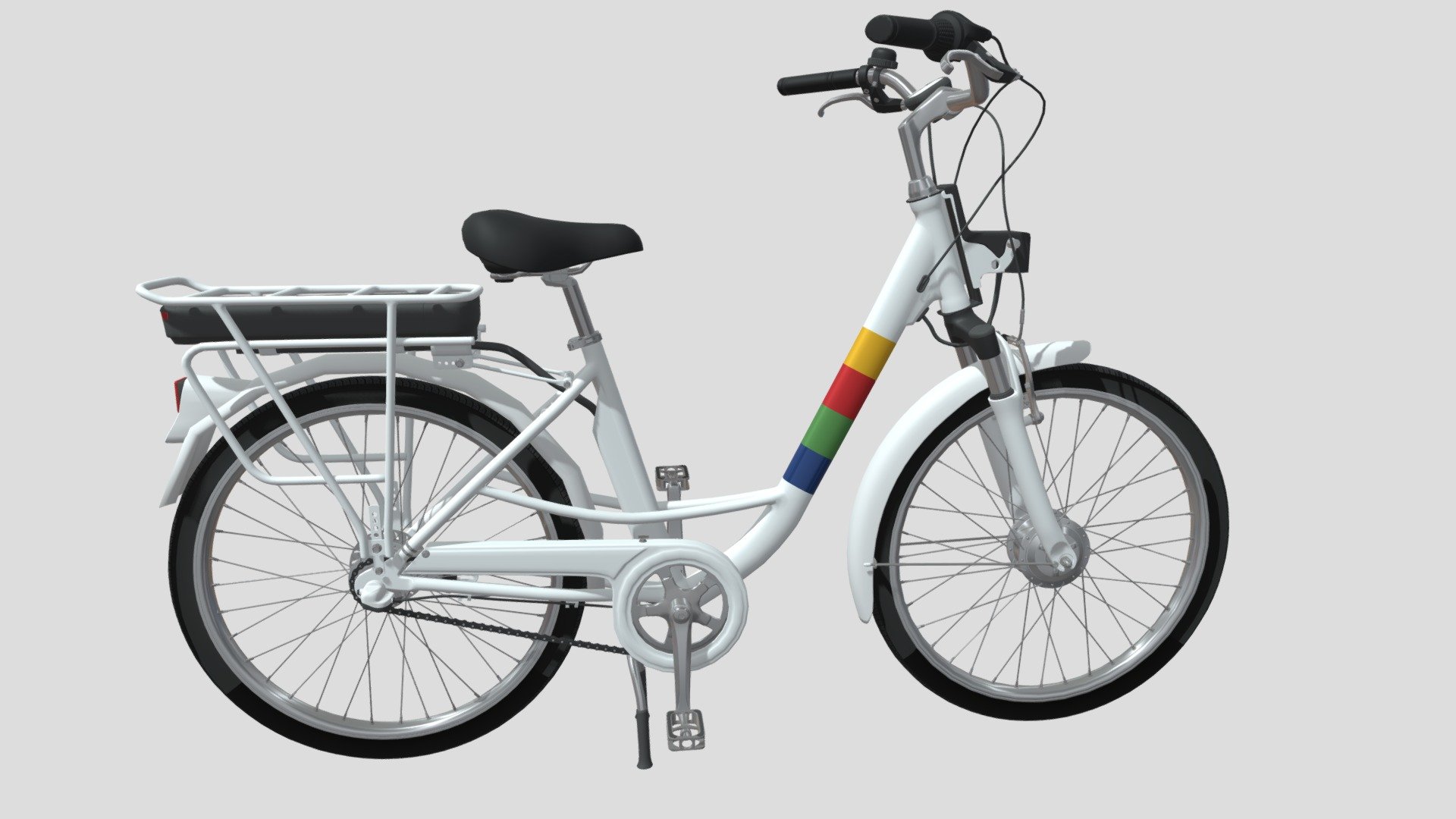 A very accurate model of an Electric Bicycle .

File formats:
-.blend, rendered with cycles, as seen in the images;
-.obj, with materials applied and textures;
-.dae, with materials applied and textures;
-.fbx, with material slots applied;
-.stl;

3D Software:
This 3d model was originally created in Blender 2.79 and rendered with Cycles.

Materials and textures:
The model has materials applied in all formats, and is ready to import and render.
The model comes with multiple png image textures.

Preview scenes:
The preview images are rendered in Blender using its built-in render engine &lsquo;Cycles'.
Note that the blend files come directly with the rendering scene included and the render command will generate the exact result as seen in previews.
Scene elements are on a different layer from the actual model for easier manipulation of objects.

General:
The model is built strictly out of quads and is subdivisable.
It comes in separate parts, named correctly for the sake of convenience 3d model