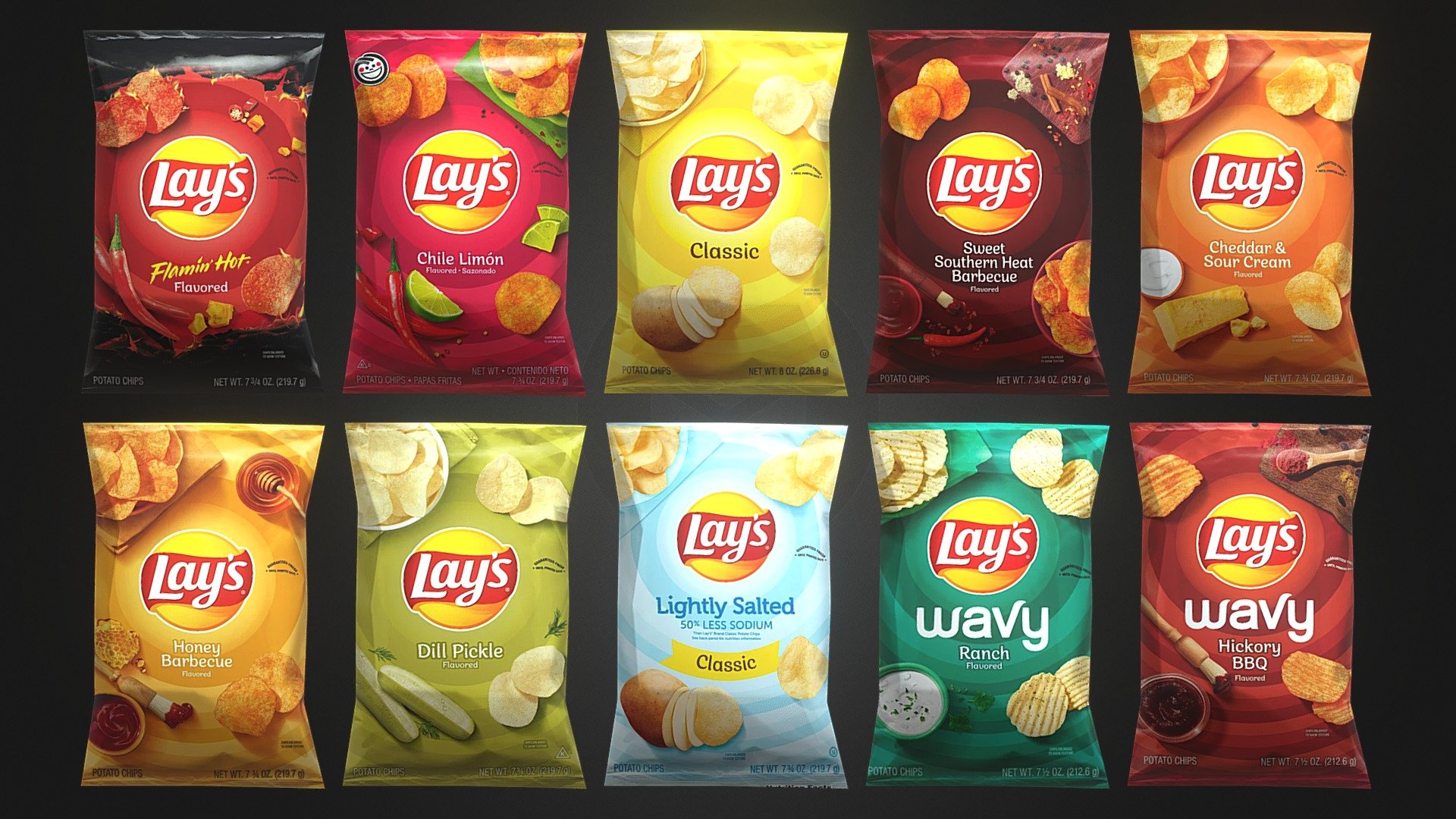 Multiple Bags of Lays Chips Models
- Lays Classic





Lays Classic Lightly Salted




Lays Sweet Southern Heat Barbecue




Lays Cheddar &amp; Sour Cream




Lays Chile Limon




Lays Flaming Hot




Lays Honey Barbecue




Lays Dill Pickle




Lays Wavy Ranch




Lays Wavy Hickory BBQ





Many Different Flavours, they are all listed Above.
All Models are Gameready and have their original sizes.
Potato Chips, Lays Original, Classic Lays, Lays Chips, Lays Crisps

Each bag only have 36 faces!

HD Textures are used for all the models. Free Models, Downloadable, Gameready, Lowpoly - Lays Bags | 10 Different Flavours!! | GAMEREADY - Download Free 3D model by NKaap 3d model